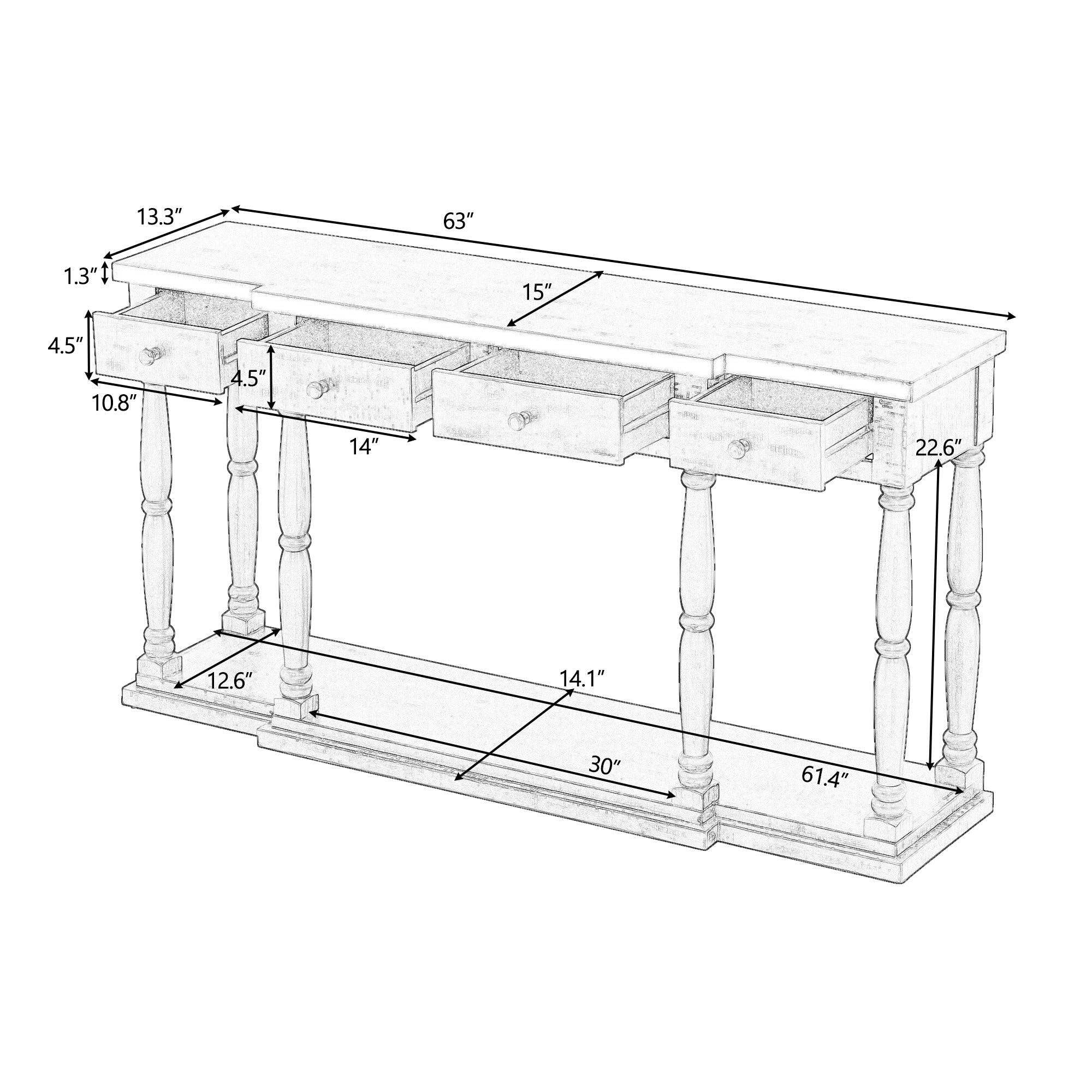 Retro Senior Console Table for Hallway Living Room Bedroom with 4 Front FacingStorage Drawers and 1 Shelf