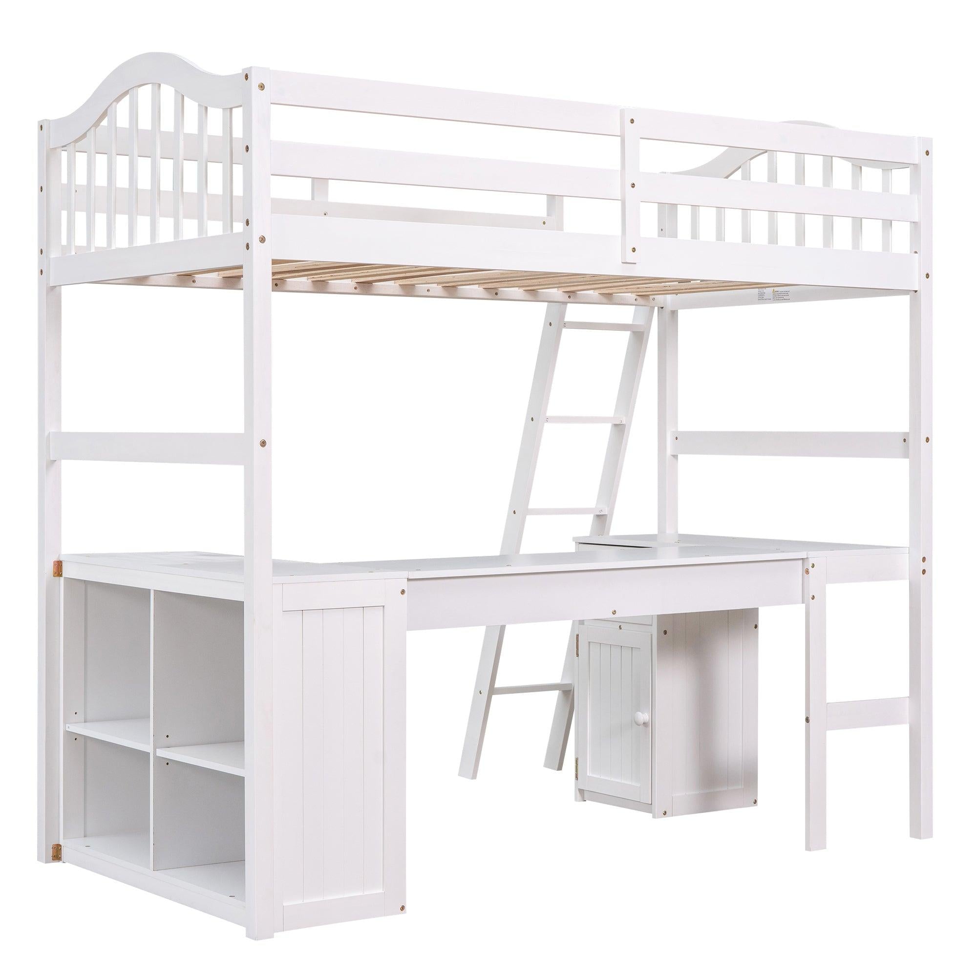 Twin size Loft Bed with Drawers, Cabinet, Shelves and Desk, Wooden Loft Bed with Desk - White