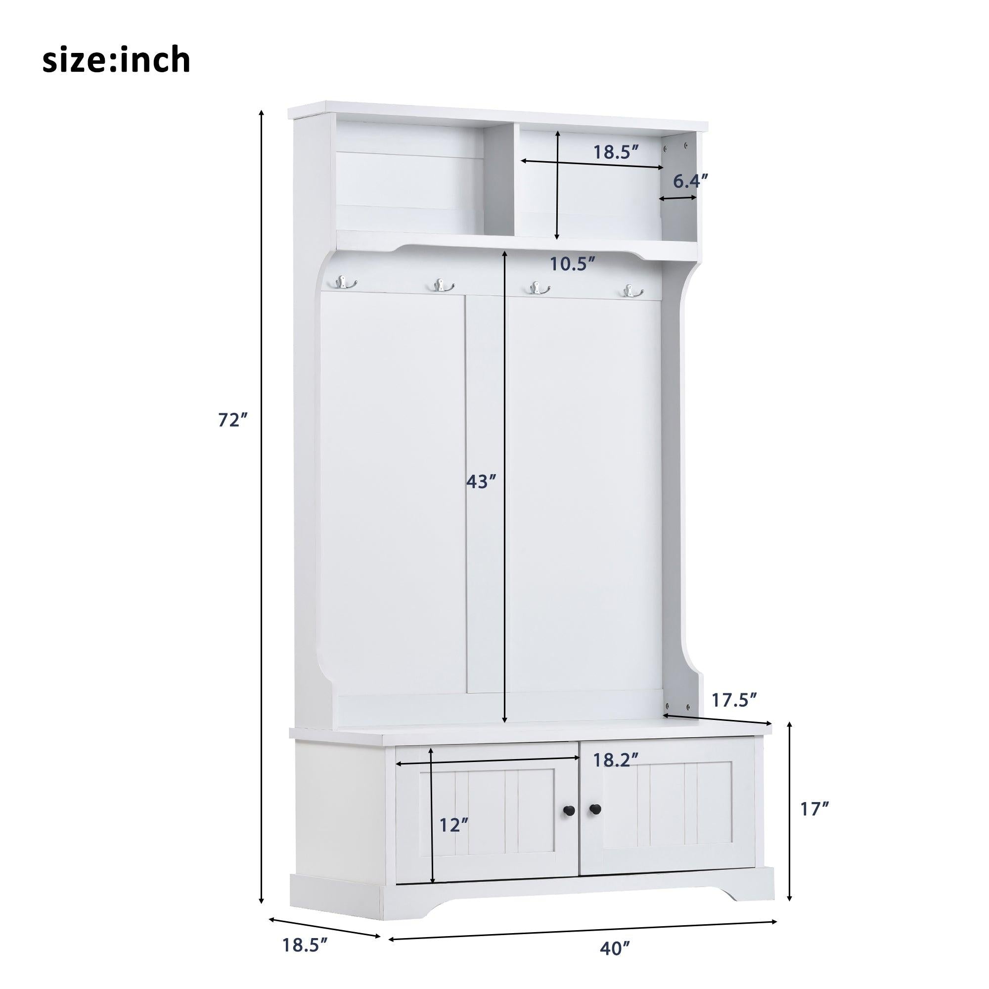 Hall Tree Entryway Bench with Shelves Cabinet and Four Hooks, 3-in-1 Design, White