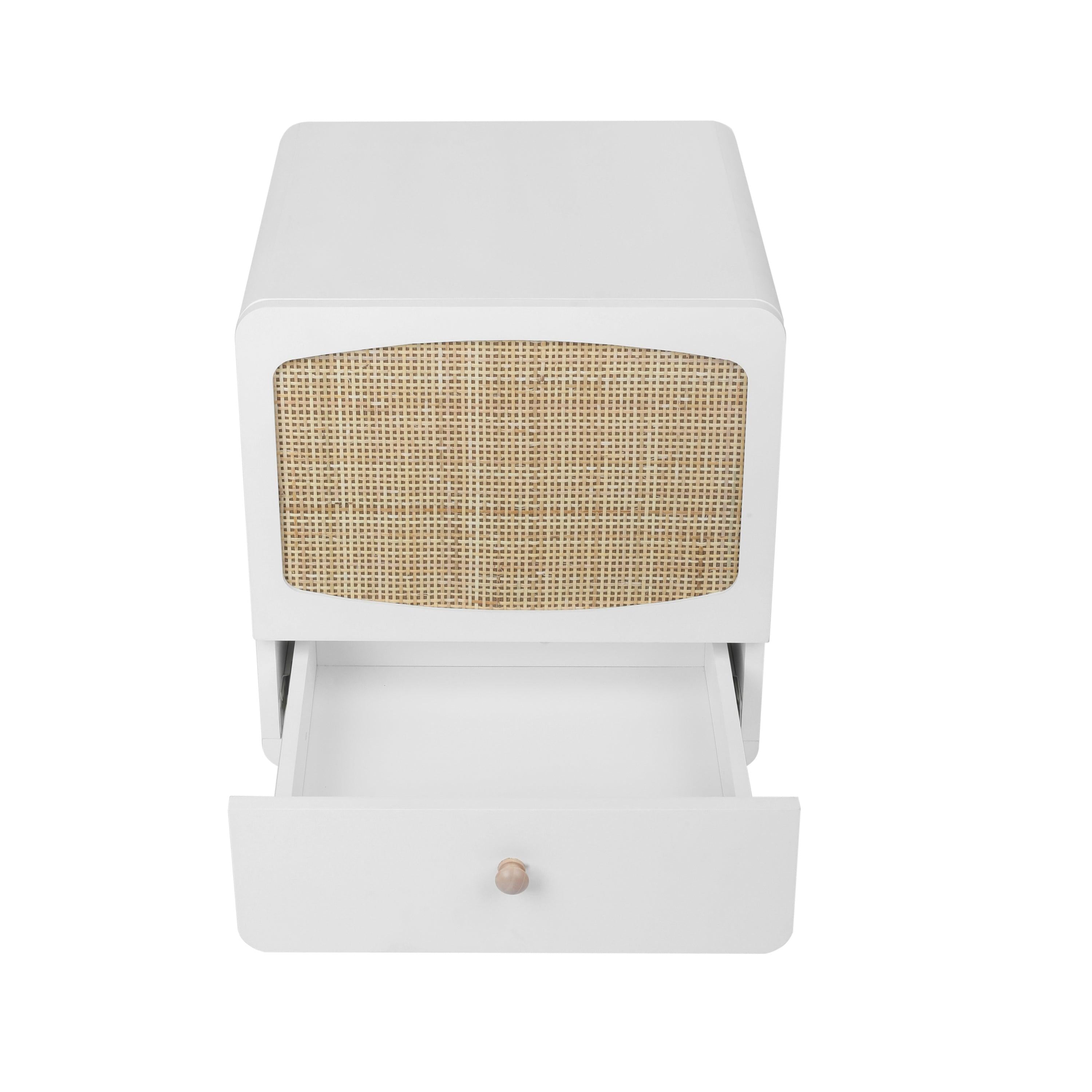 White Nightstand,  Bedside Table withStorage Drawe/ Rattan Door