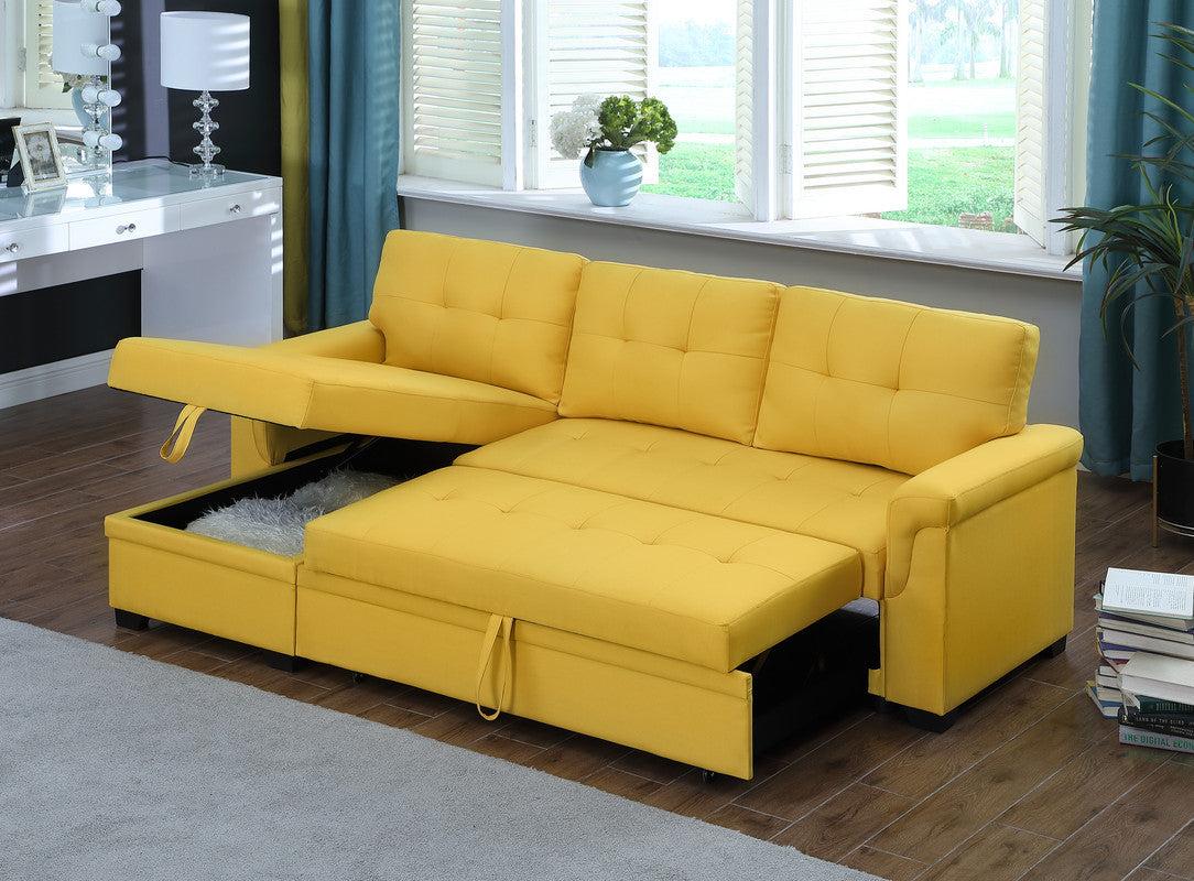 Lucca Yellow Linen Reversible Sleeper Sectional Sofa withStorage Chaise