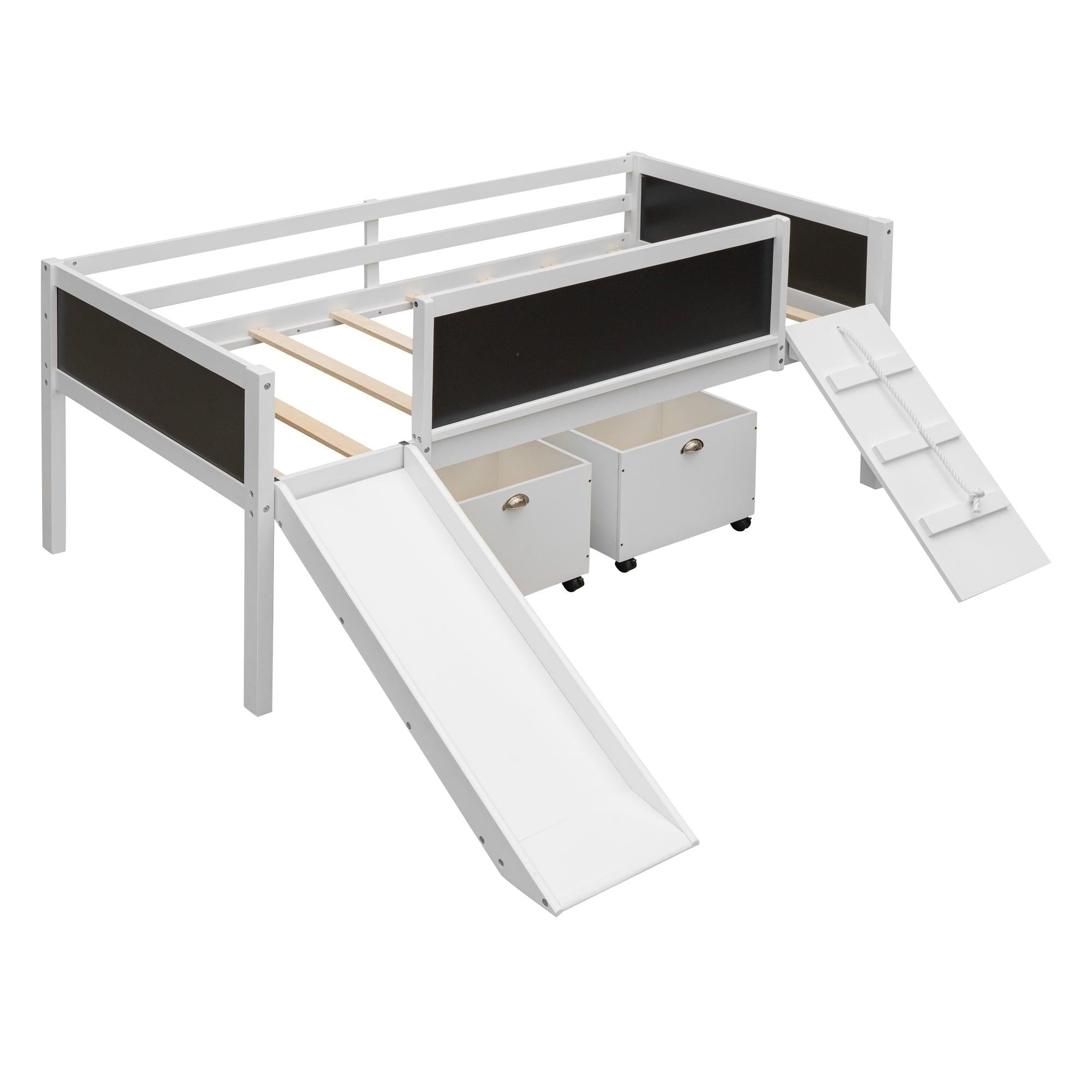 Twin size Loft Bed Wood Bed with TwoStorage Boxes - White