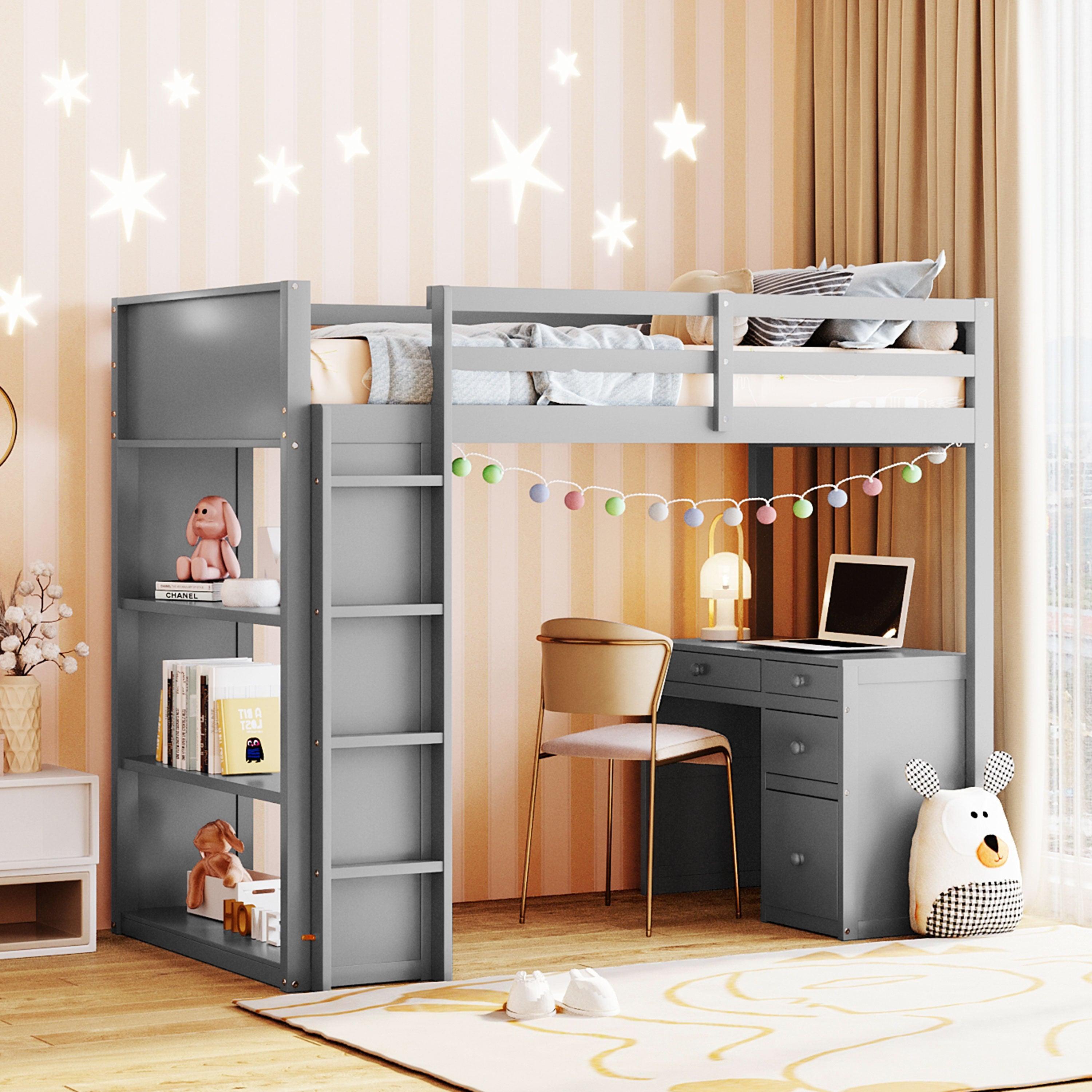 Twin Size Loft Bed with Ladder, Shelves, and Desk, Gray image