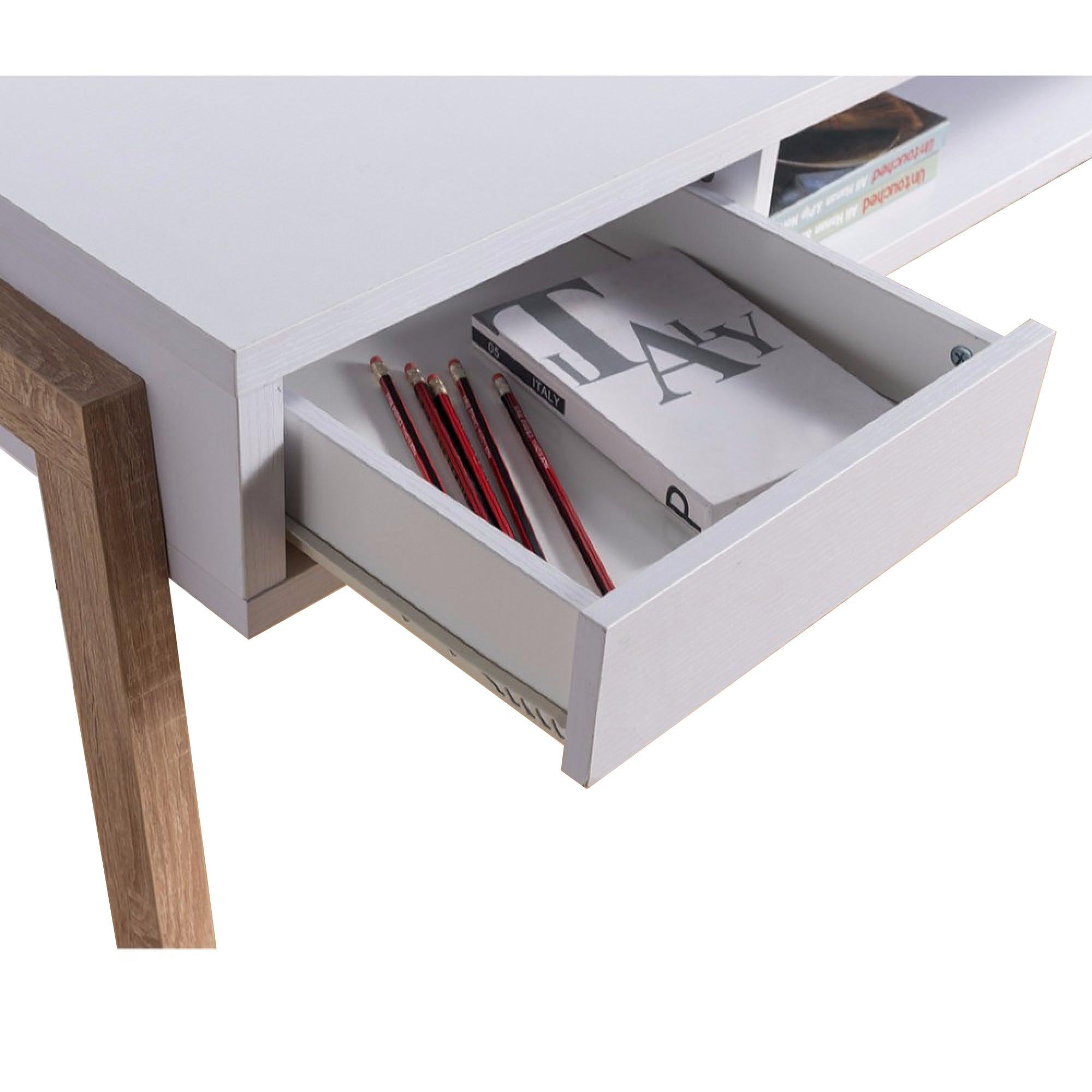 Contemporary Style Desk With OpenStorage Shelf, White and brown