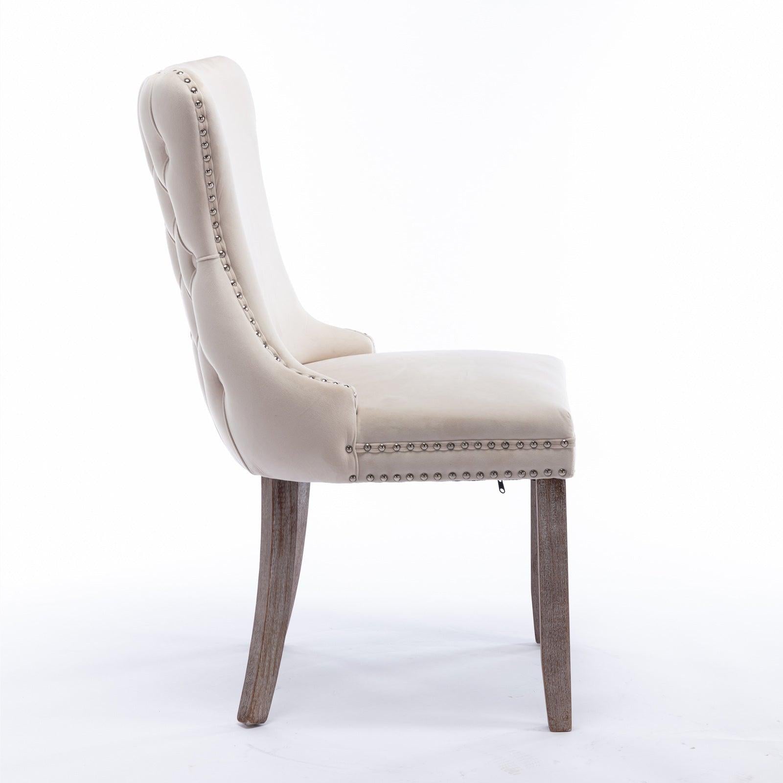 Cream Upholstered Wing-Back Dining Chair with Backstitching Nailhead Trim and Solid Wood Legs,Set of 2, Beige