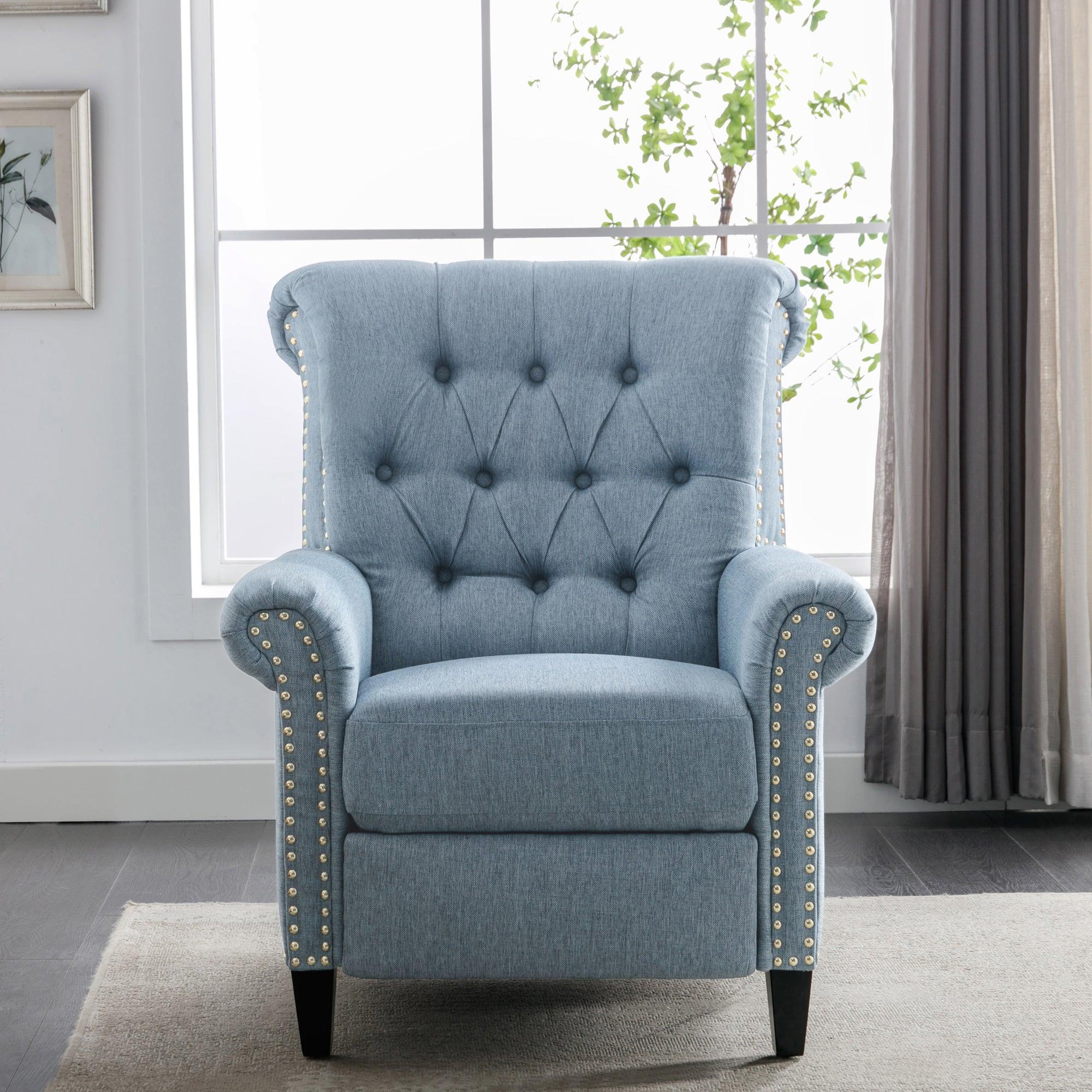 Pushback Linen Tufted Recliner Single Sofa with Nailheads Roll Arm for Living Room, Bedroom, Office, Blue