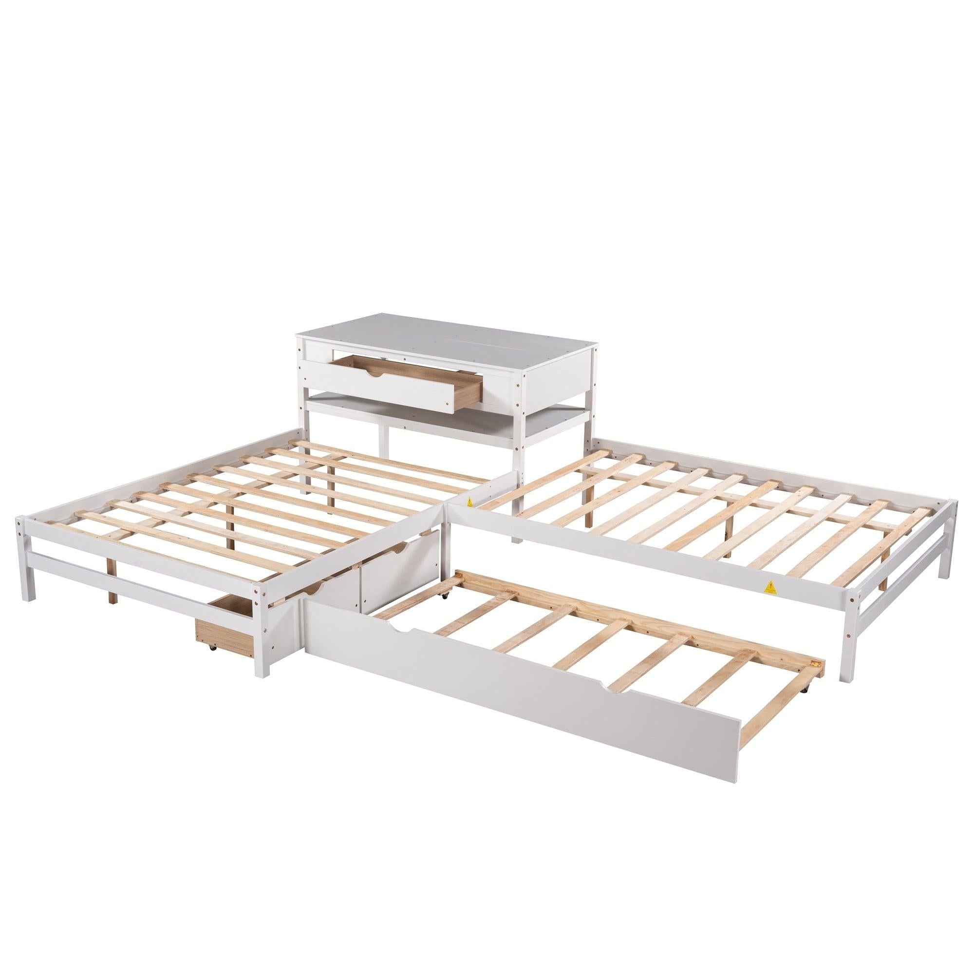 Full Size L-shaped Platform Beds with Twin Size Trundle and Drawers Linked with Built-in Rectangle Table,White