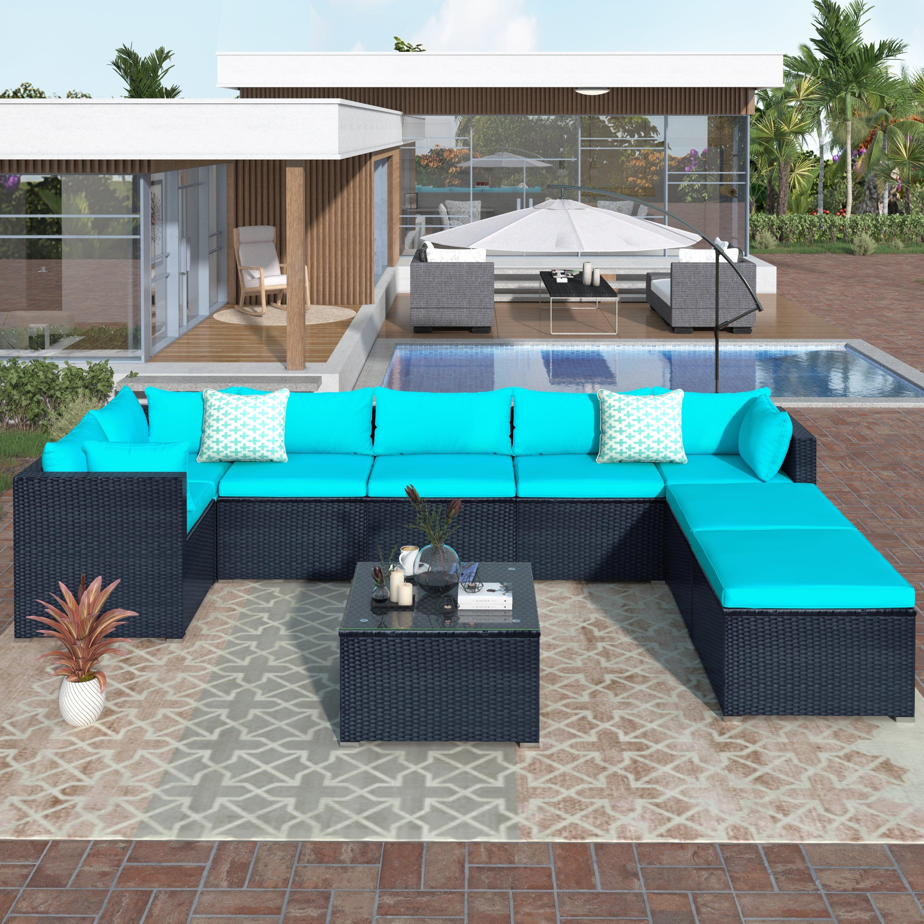 9 PCS Outdoor Patio PE Wicker Rattan Arrangeable Sectional Sofa Set with Blue Cushions