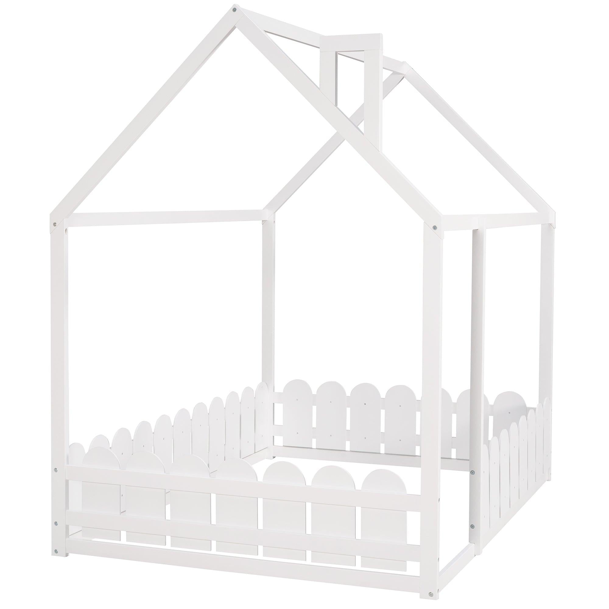 Full  Size Wood Bed House Bed Frame with Fence, for Kids, Teens, Girls, Boys (White )