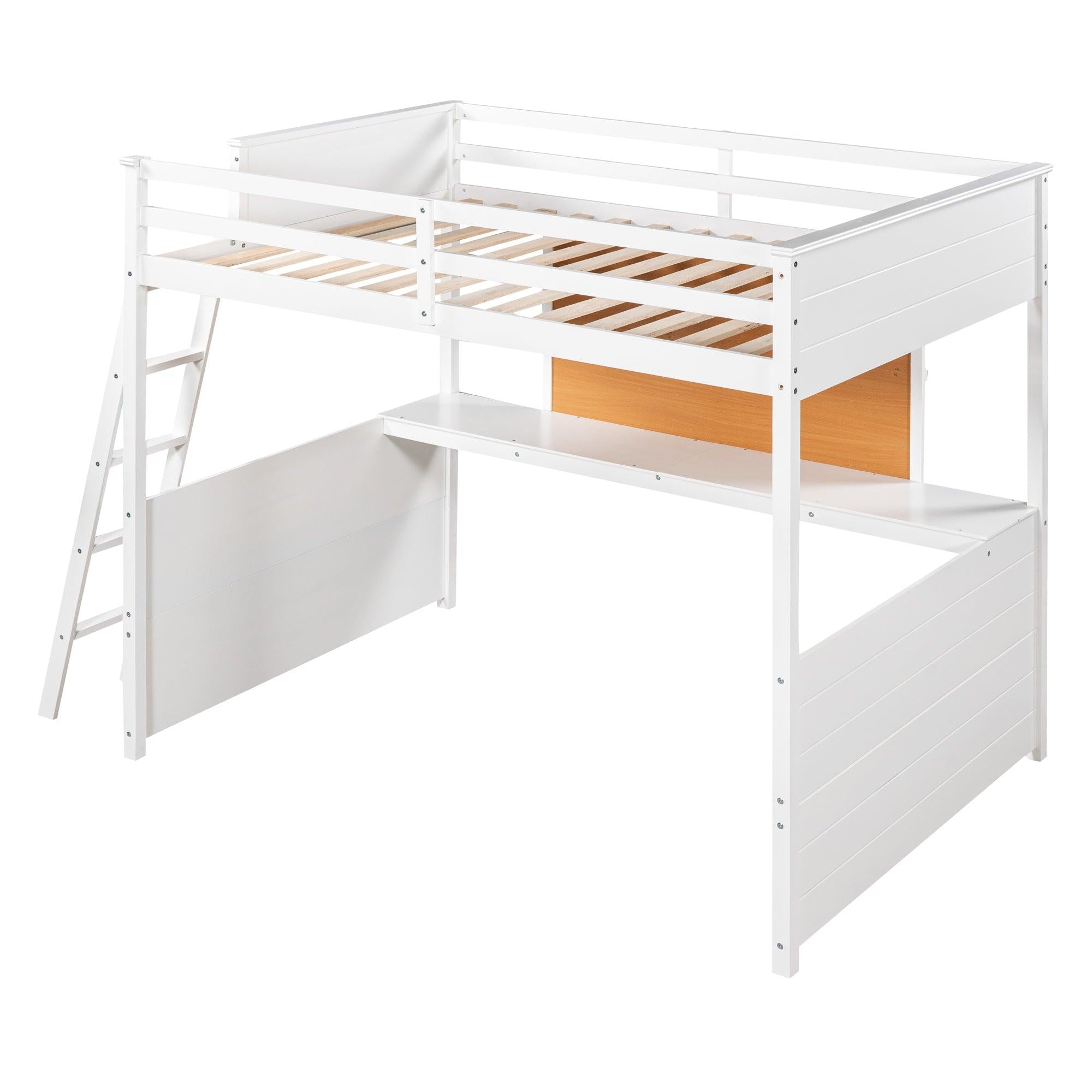 Full size Loft Bed with Desk and Writing Board, Wooden Loft Bed with Desk - White