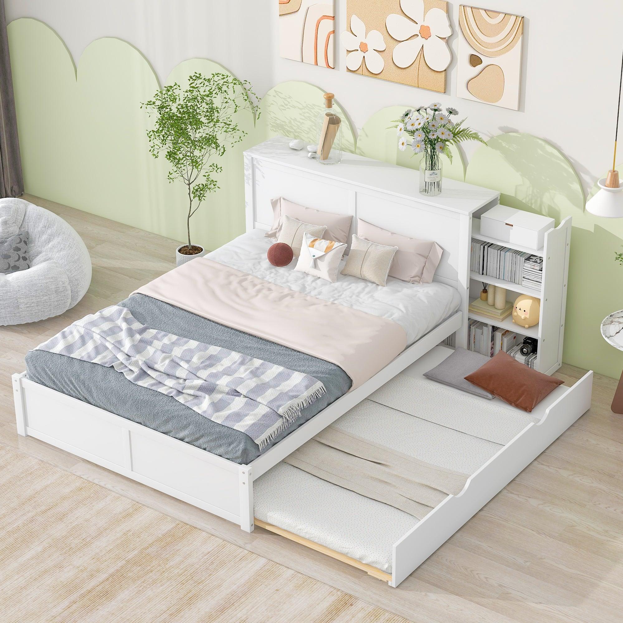 Queen SizeStorage Platform Bed with Pull Out Shelves and Twin Size Trundle, White