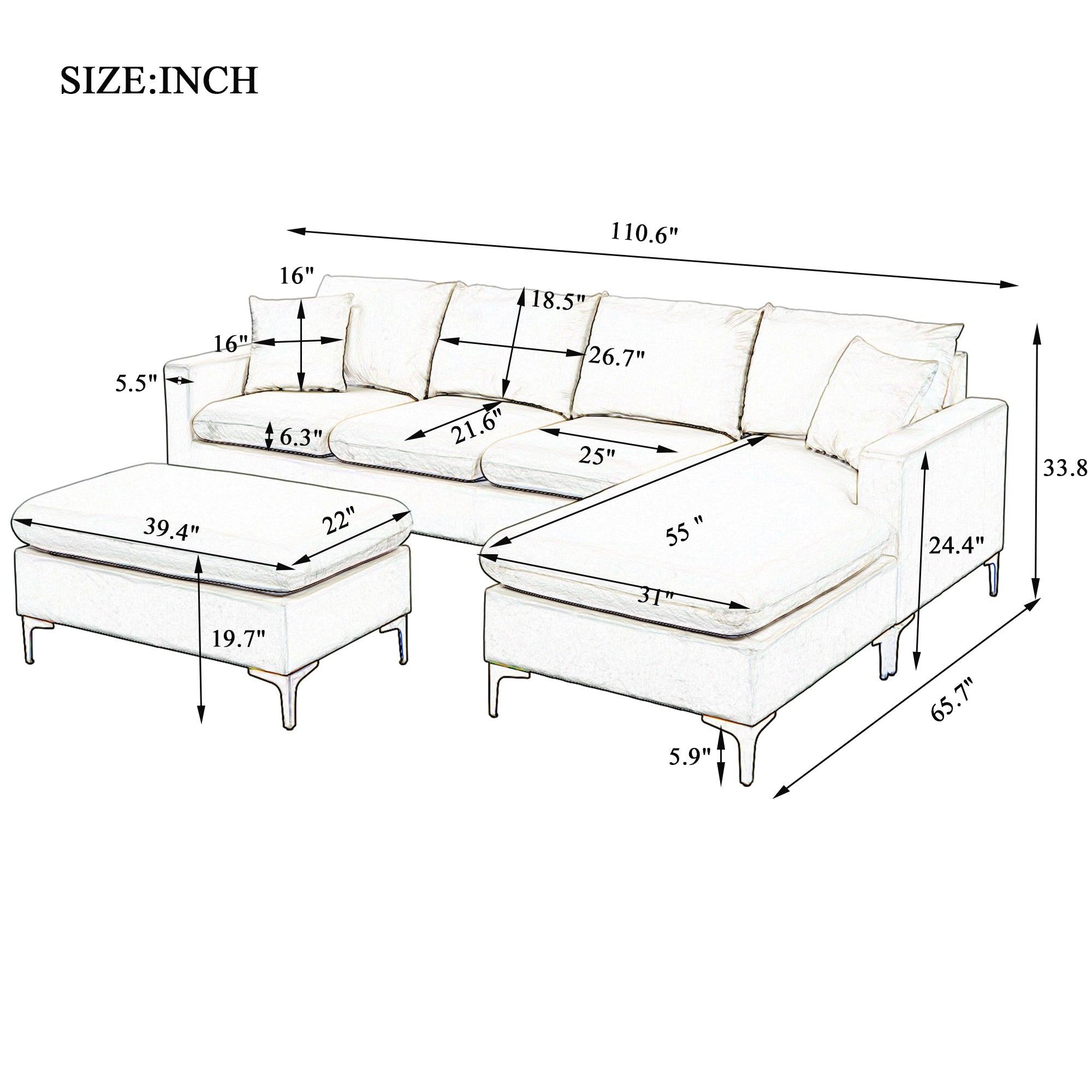 110.6" Sectional Sofa with Ottoman, L-Shape Elegant Velvet Upholstered Couch with 2 Pillows for Living Room Apartment