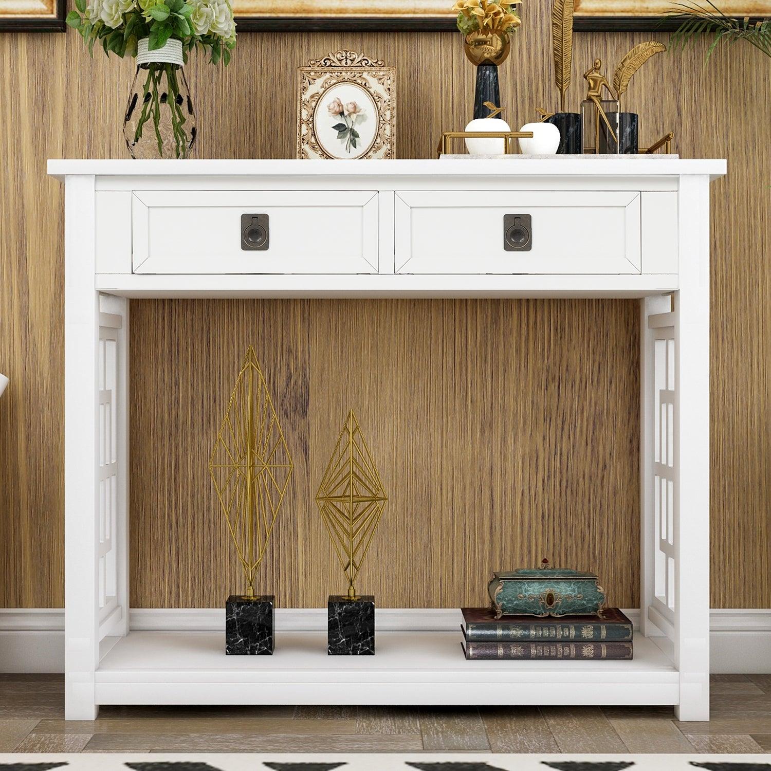 Console Table with 2 Drawers and Bottom Shelf, Entryway Accent Sofa Table (White)