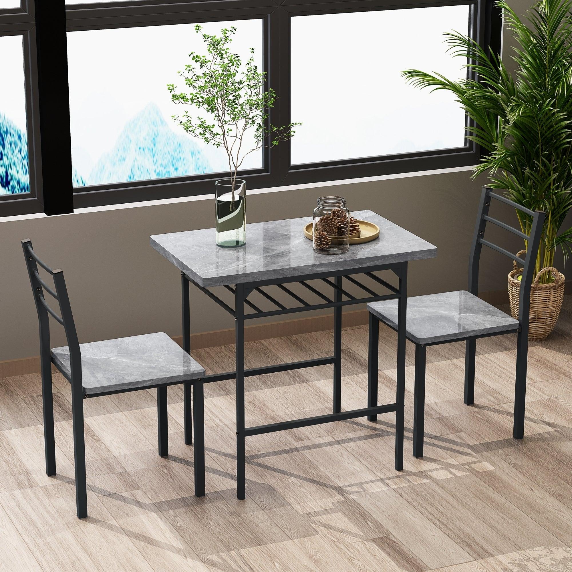 Modern 3-Piece  Dining Table Set with  2 Chairs for Dining Room，Black Frame+Printed Gray Marble Finish