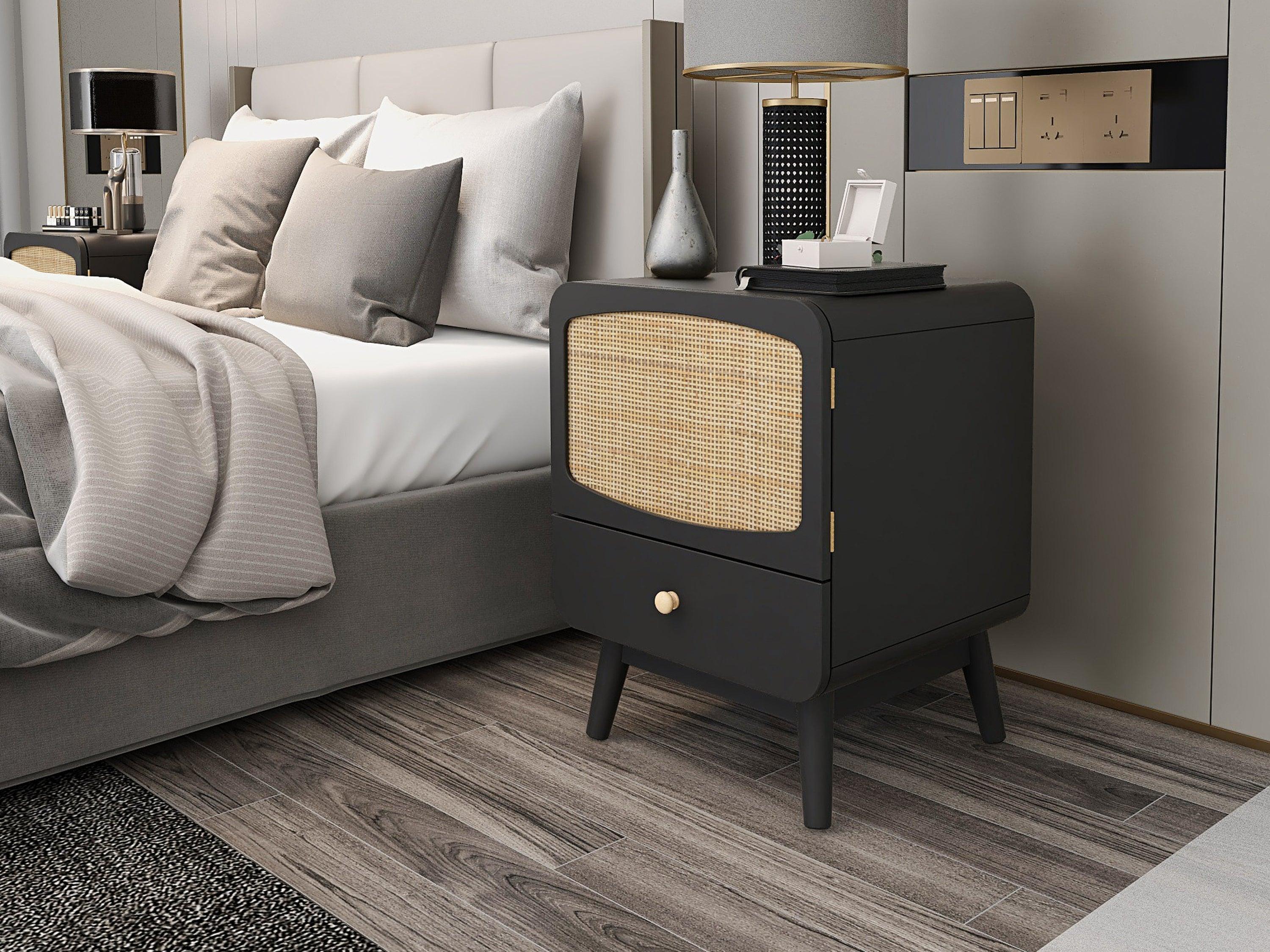 Black Nightstand,  Bedside Table withStorage Drawe/ Rattan Door