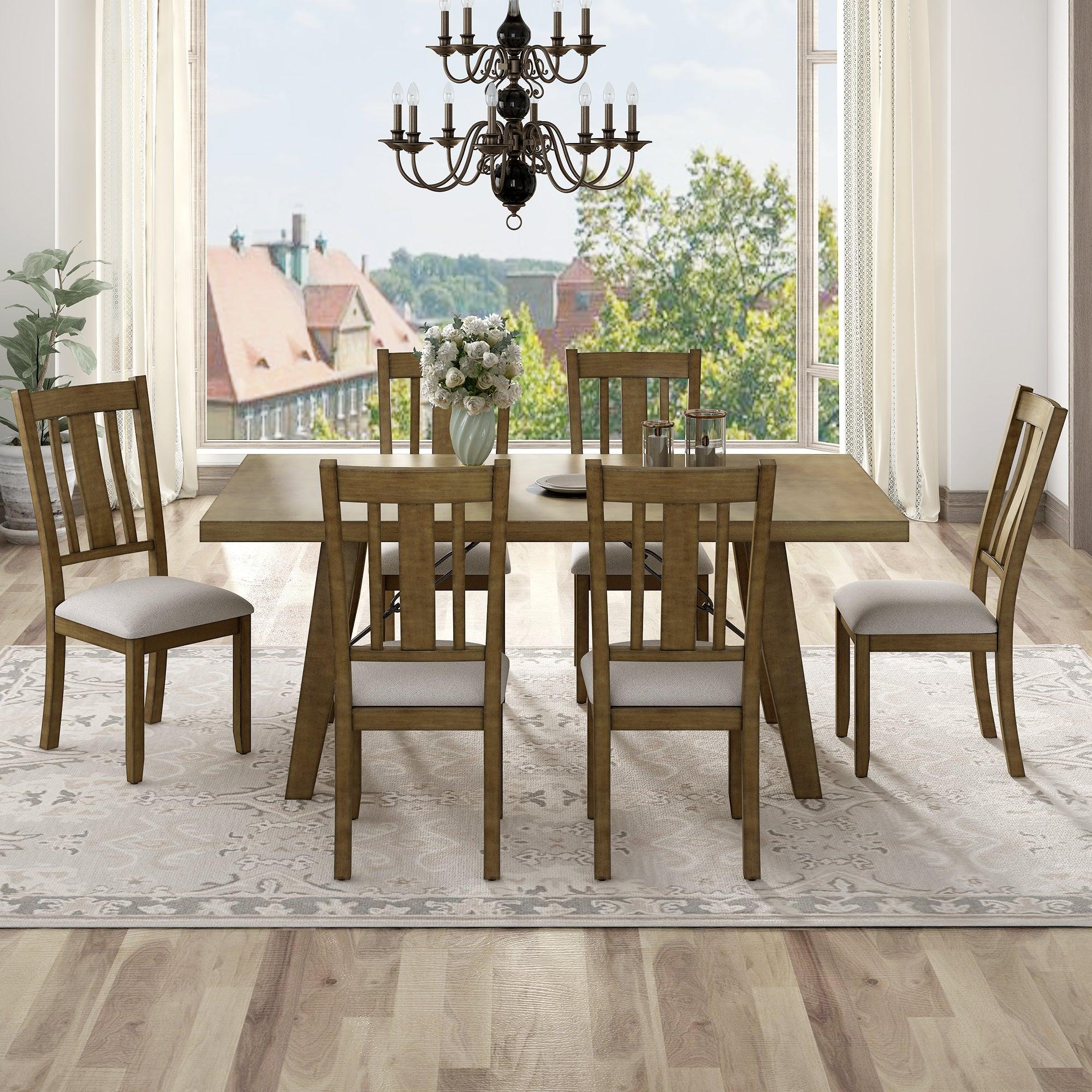 7-Piece Dining Room Set - 72" Industrial Style Rectangular Table with Chain Bracket and 6 Dining Chairs (Natural Walnut)