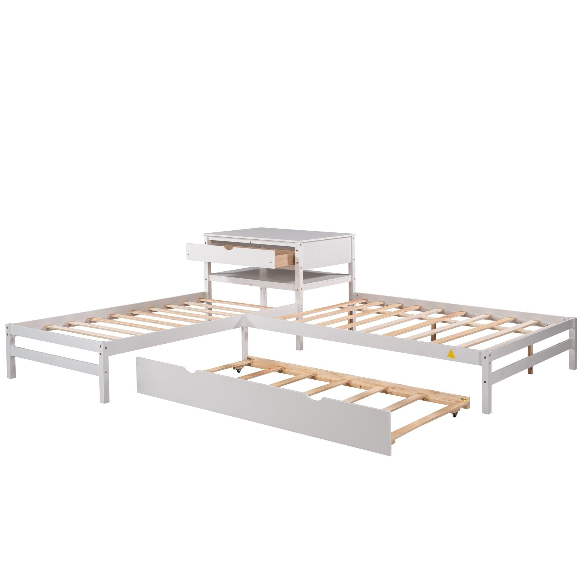 L-Shaped Full Size and Twin Size Platform Beds with Twin Size Trundle and Drawer Linked with Built-in Rectangle Table,White