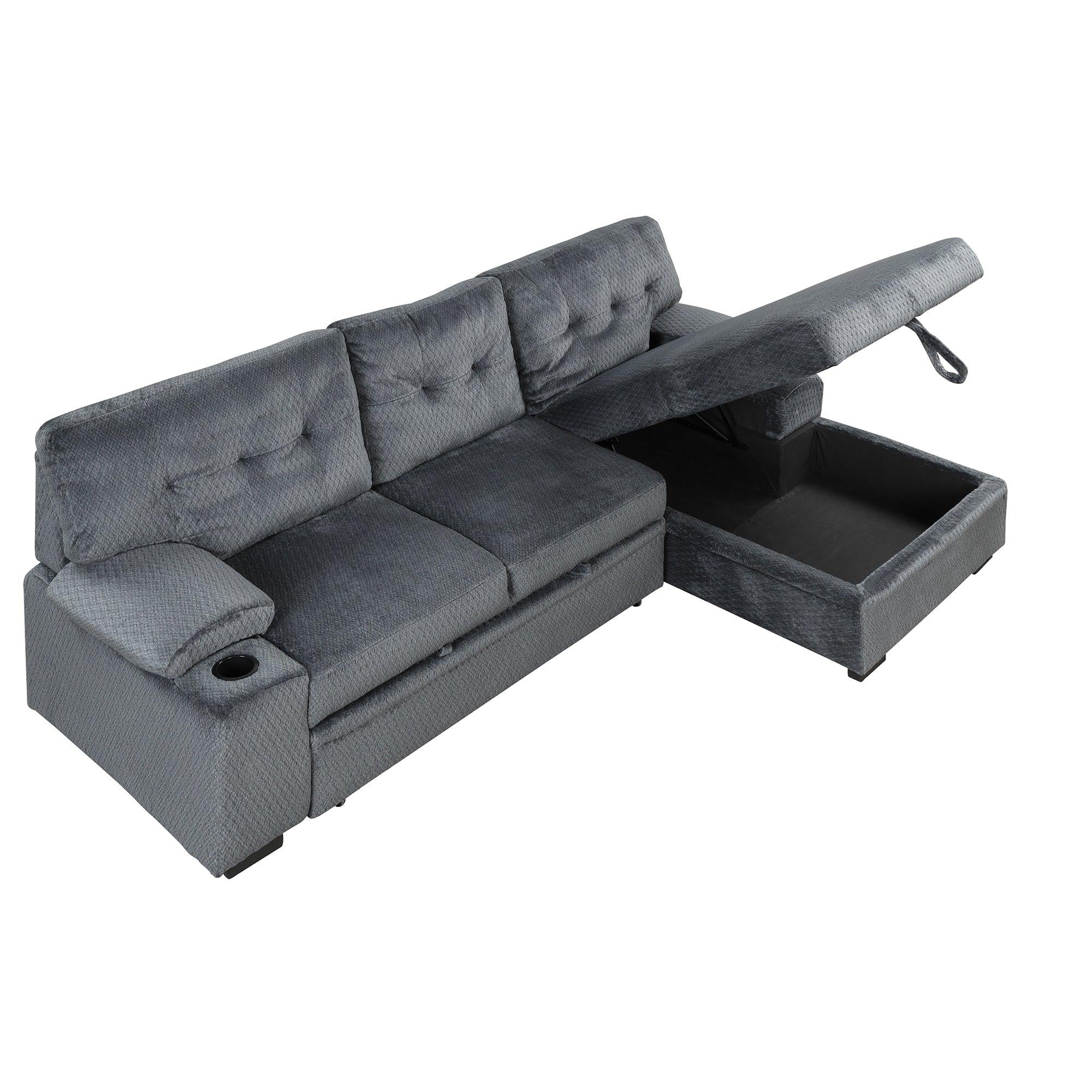 95.7"Modern Padded Upholstered  Sofa Bed Sleeper Sectional Sofa withStorage Chaise and Cup Holder for Living Room Furniture Set