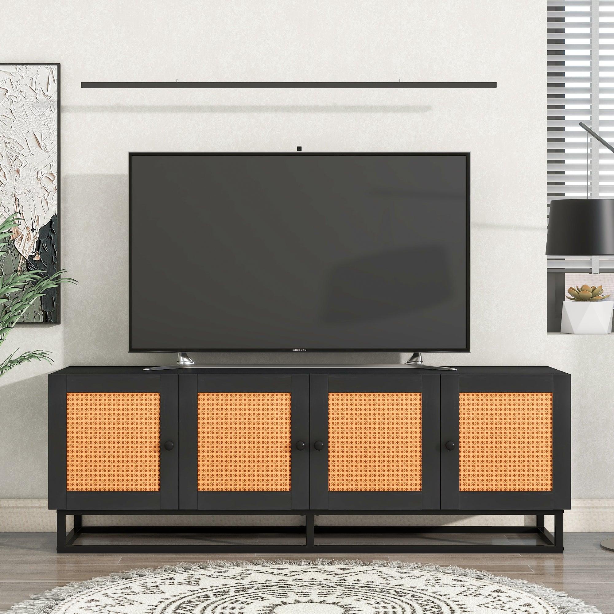 TV Stand Entertainment Cabinet with 4 Textured Rattan Doors and 2 Adjustable Panels, Wooden Farmhouse TV Console Table for TVs up to 65inches, Espresso