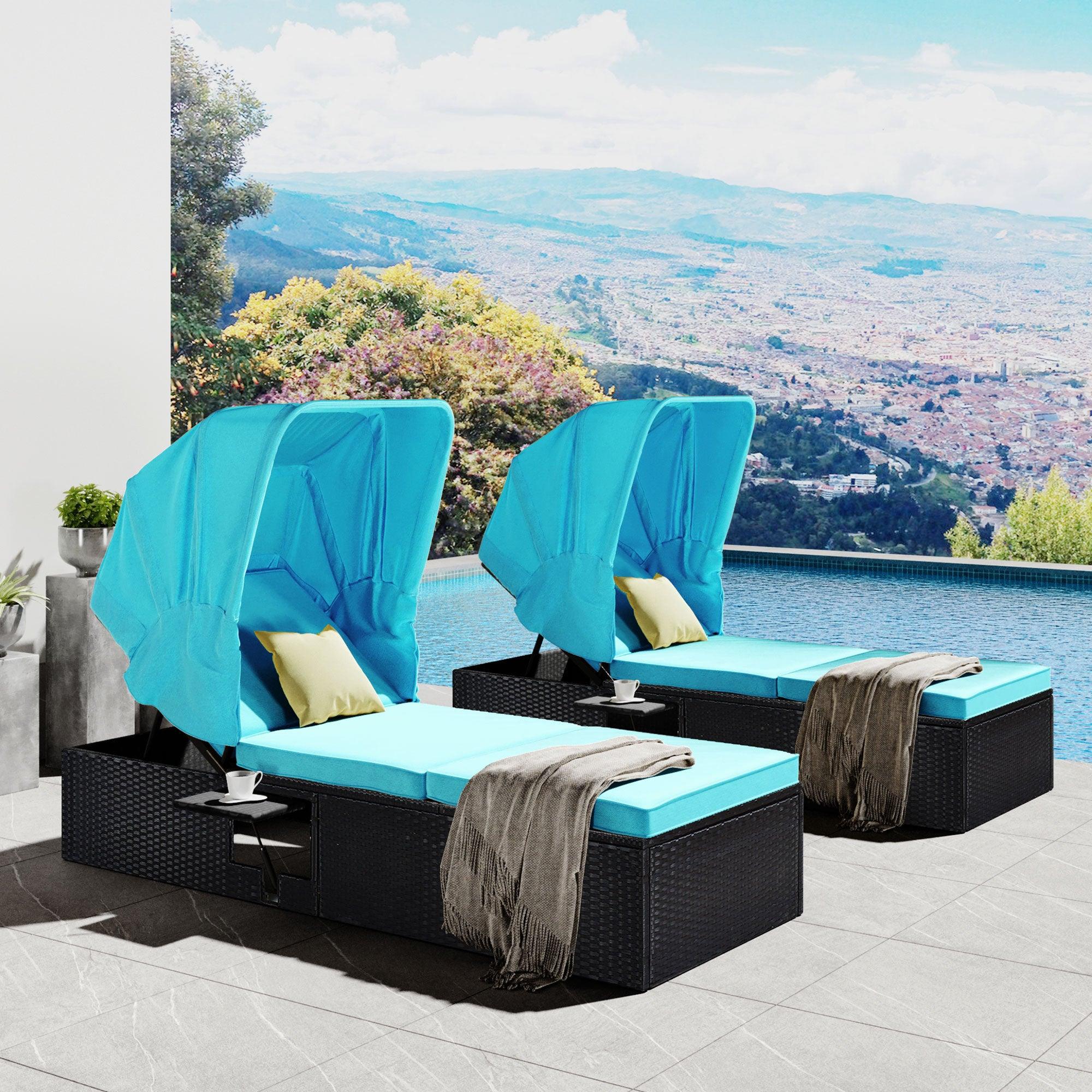 76.8" Long Reclining Single Chaise Lounge with Cushions,Canopy and Cup Table, Black Wicker+ Blue Cushion, Set of 2