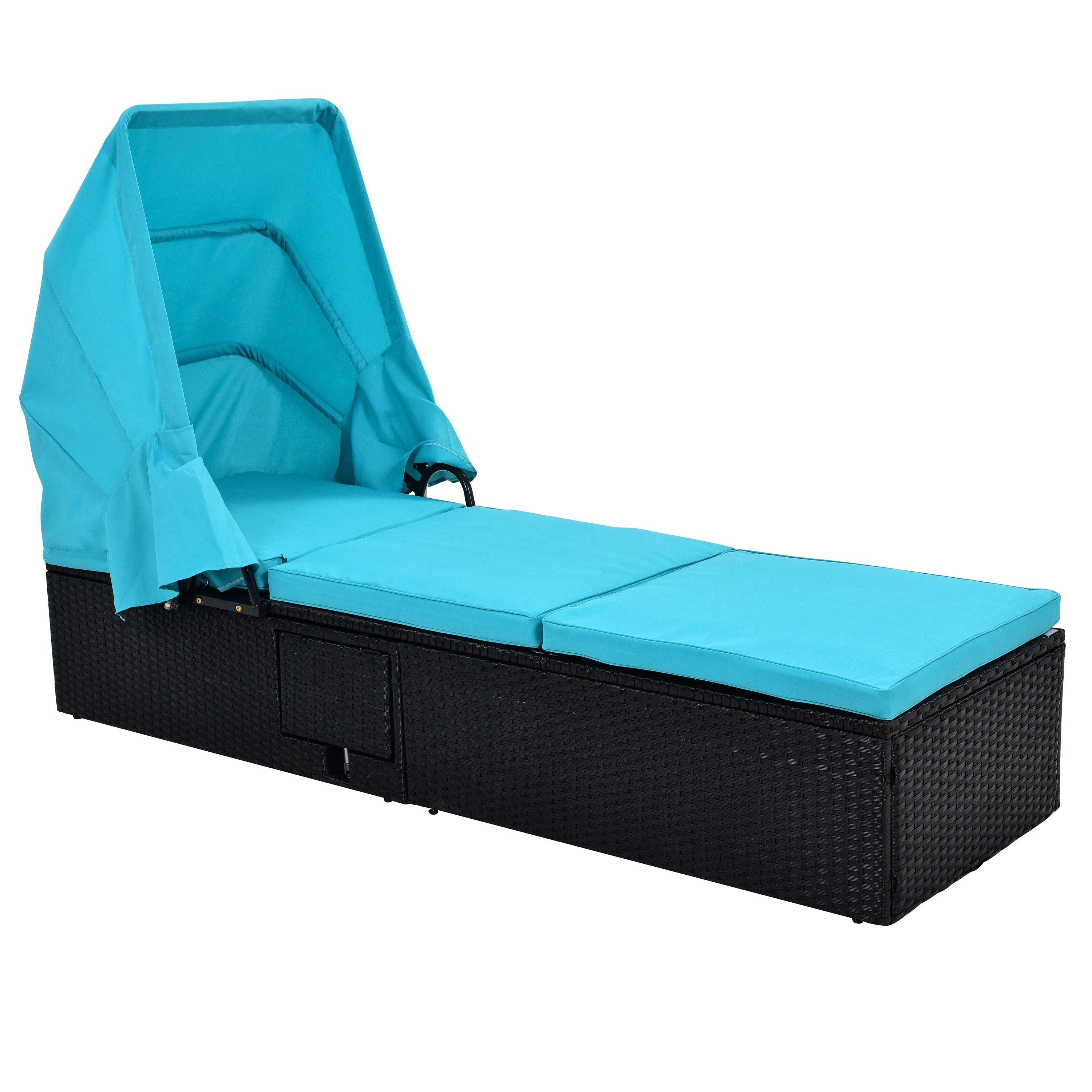 76.8" Long Reclining Single Chaise Lounge with Cushions,Canopy and Cup Table, Black Wicker+ Blue Cushion, Set of 2