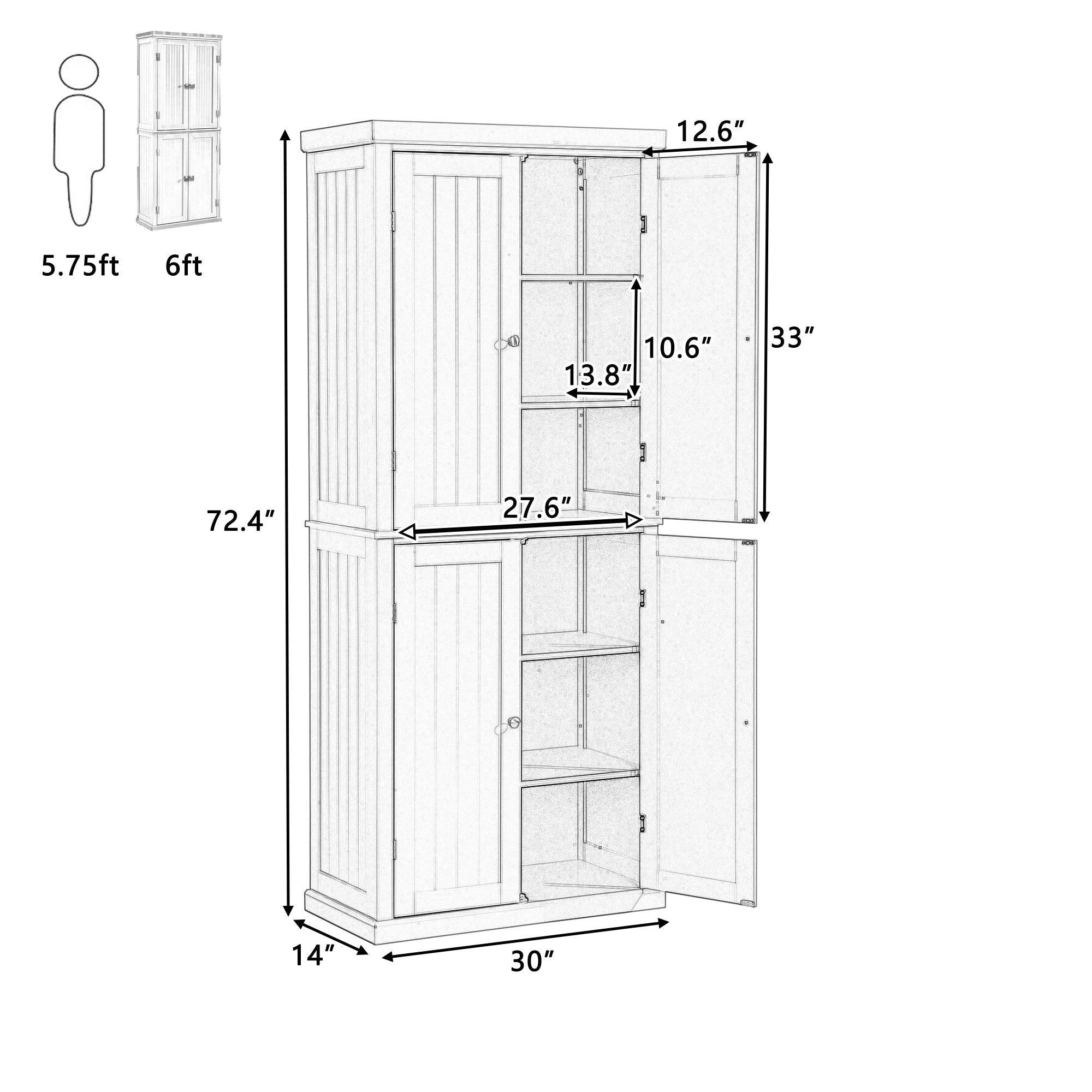 Freestanding Tall Kitchen Pantry, 72.4" Minimalist KitchenStorage Cabinet Organizer with 4 Doors and Adjustable Shelves, Black