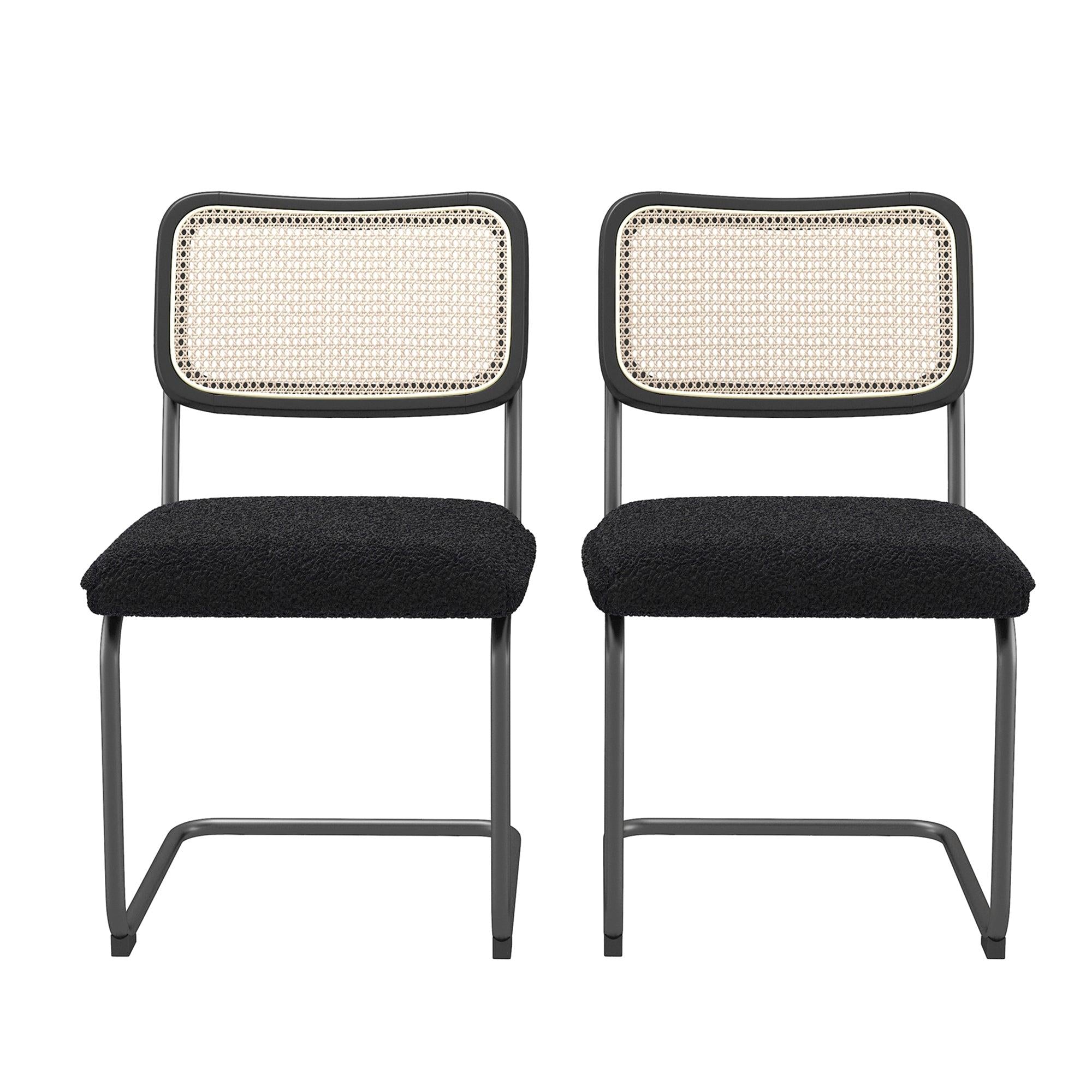 Set of 2, Teddy Velvet Dining Chair with High-Density Sponge, Rattan Chair for Dining room, Living room, Bedroom, Black