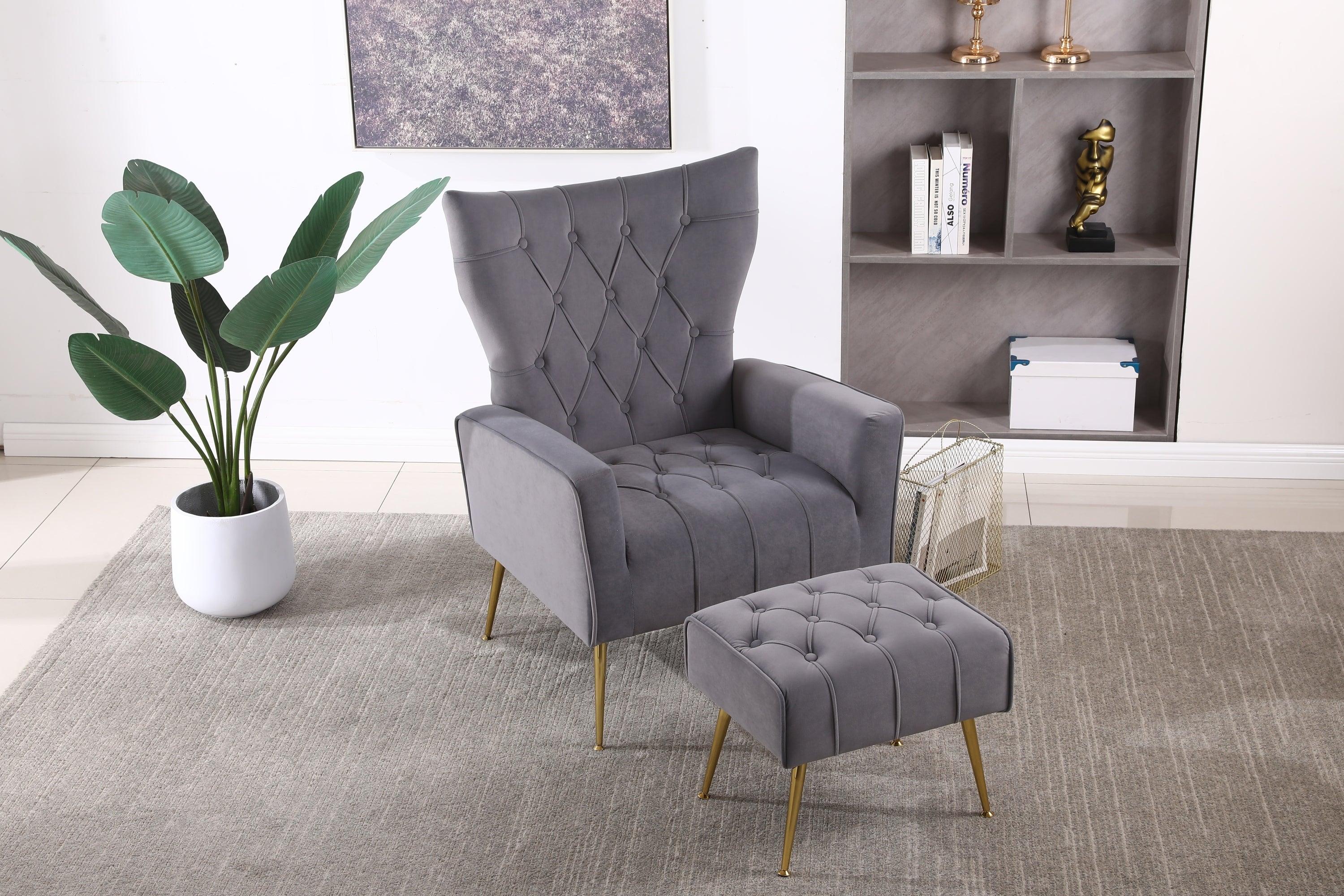 Modern Accent Chair with Ottoman,  Comfy  Armchair for Living Room, Bedroom, Apartment, Office (Grey)