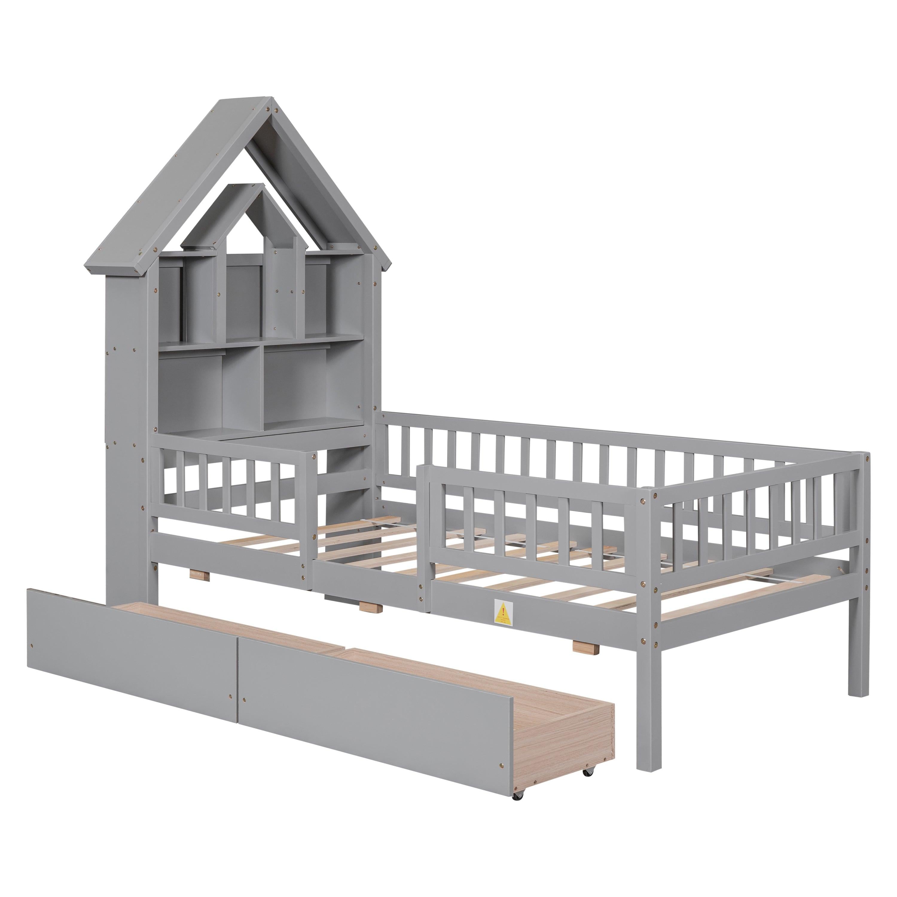 Twin Size House-Shaped Headboard Bed with Fence Guardrails and Drawers ,Gray