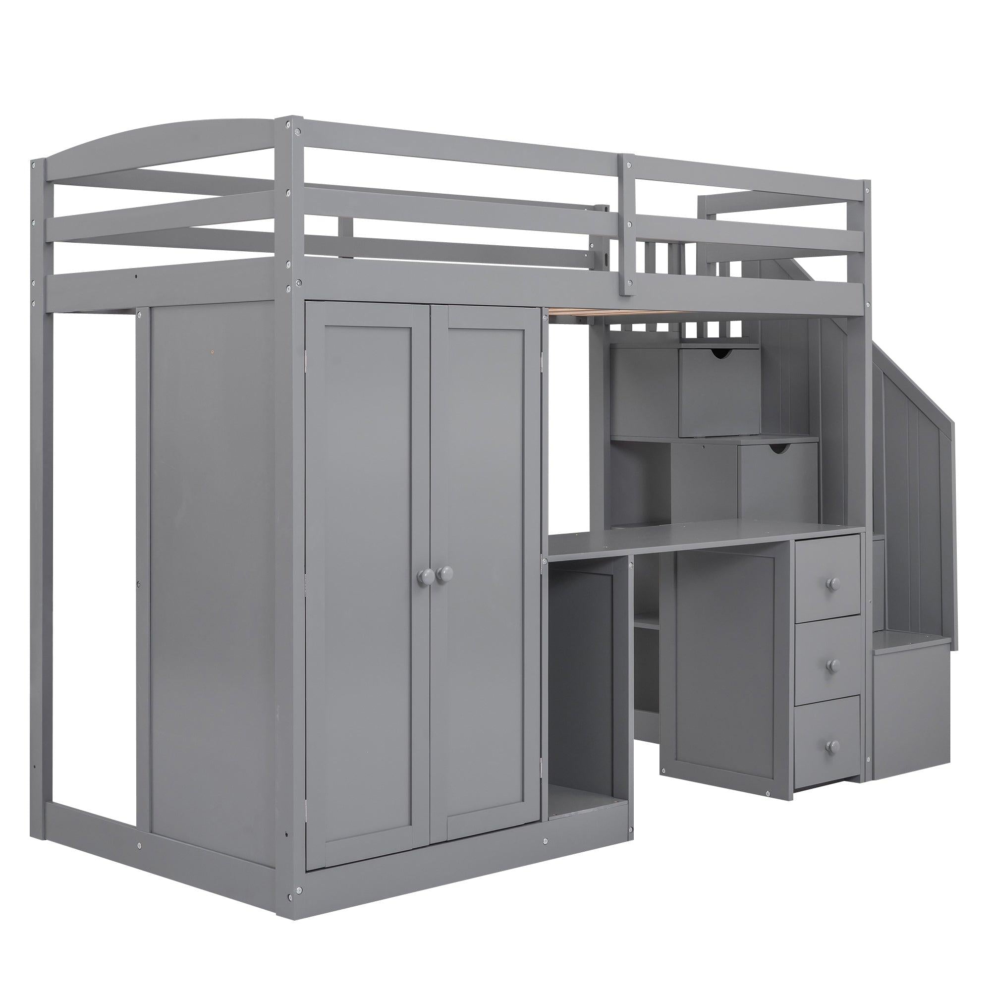 Twin Size Loft Bed with Wardrobe and Staircase, Desk andStorage Drawers and Cabinet in 1,Gray