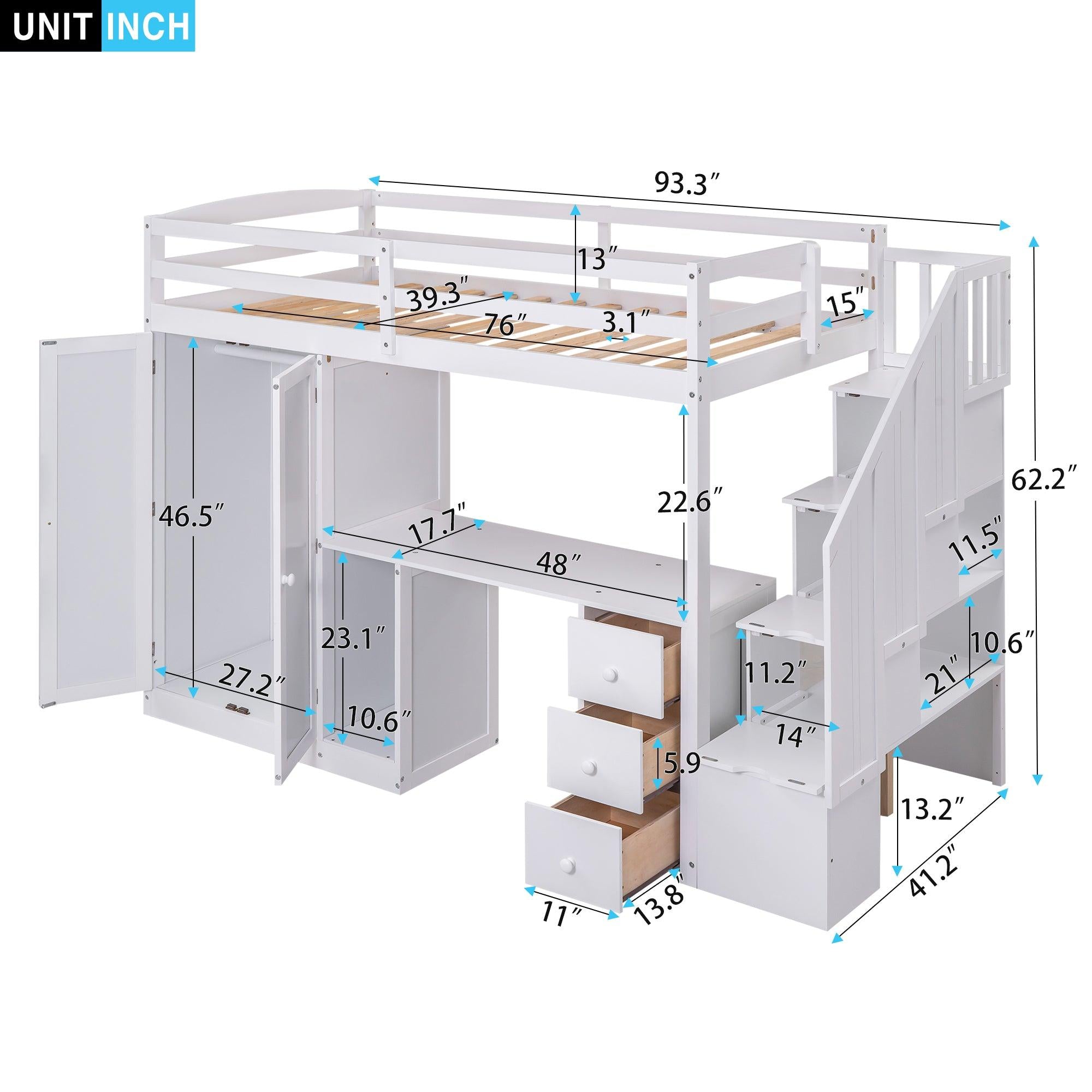 Twin Size Loft Bed with Wardrobe and Staircase, Desk andStorage Drawers and Cabinet in 1, White