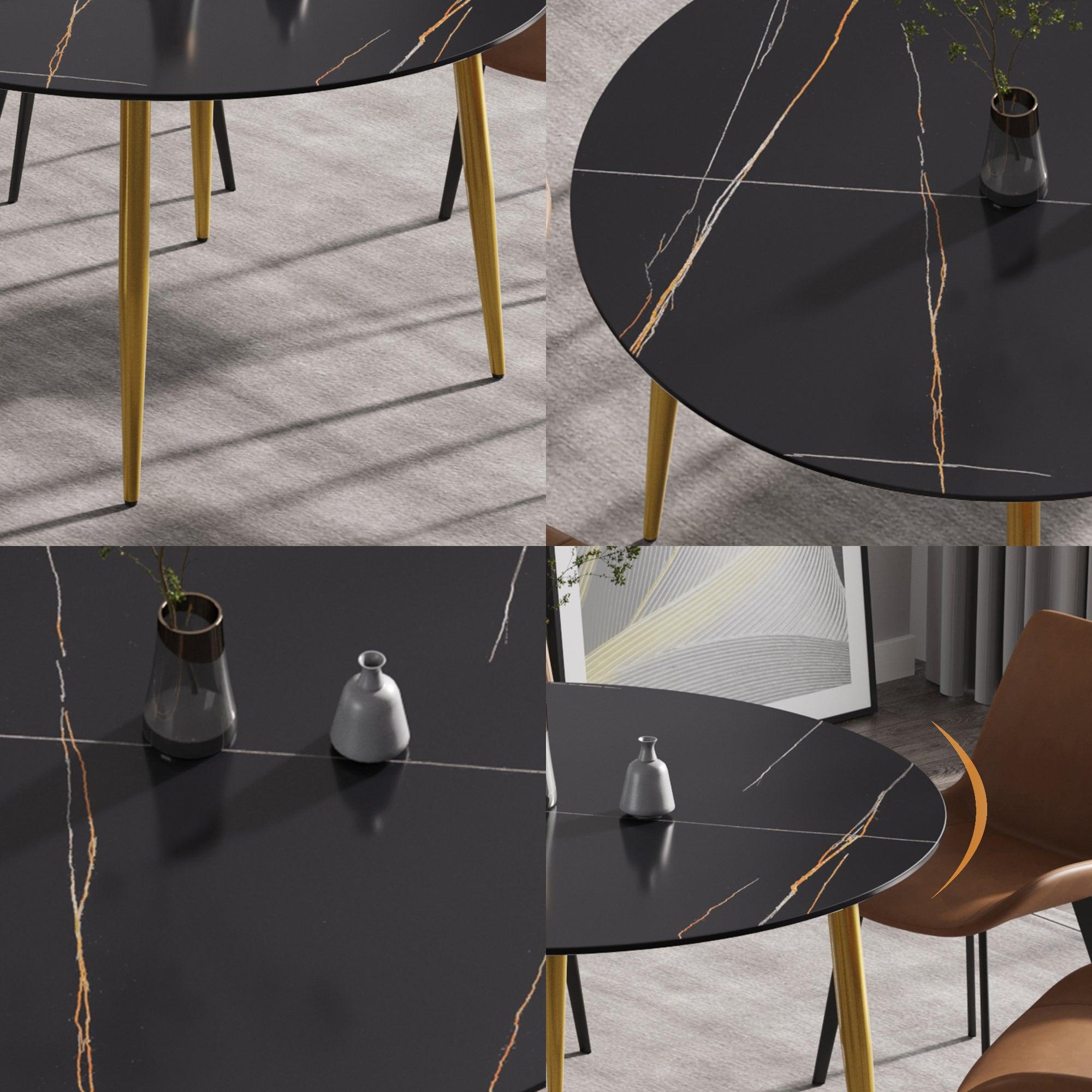 53.15 "Modern artificial stone black round dining table with golden metal legs-can accommodate 6 people.