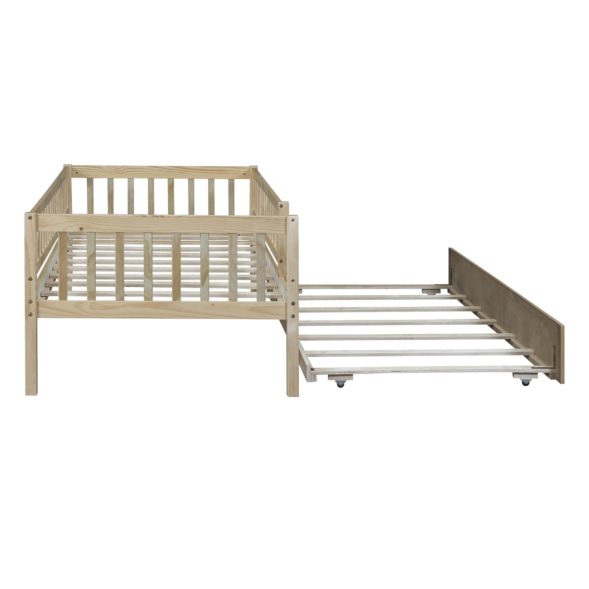 Twin Size Wood Daybed with Trundle and Fence Guardrails, Natural