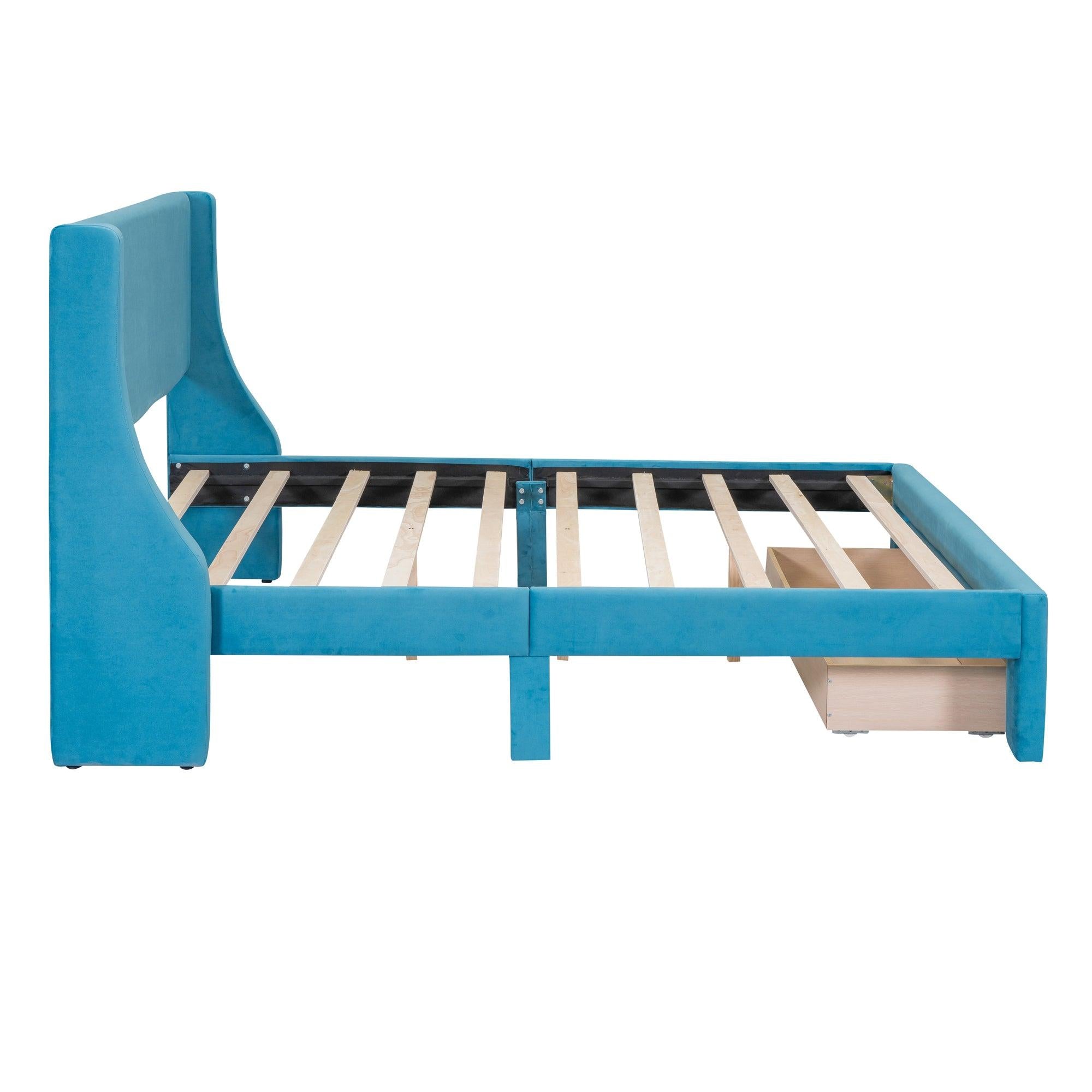 Queen SizeStorage Bed Velvet Upholstered Platform Bed with a Big Drawer - Blue