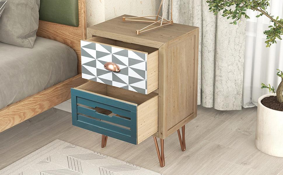 Wooden Nightstand with Two Drawer and Metal FeetModern Style Bedside Table (Natural)