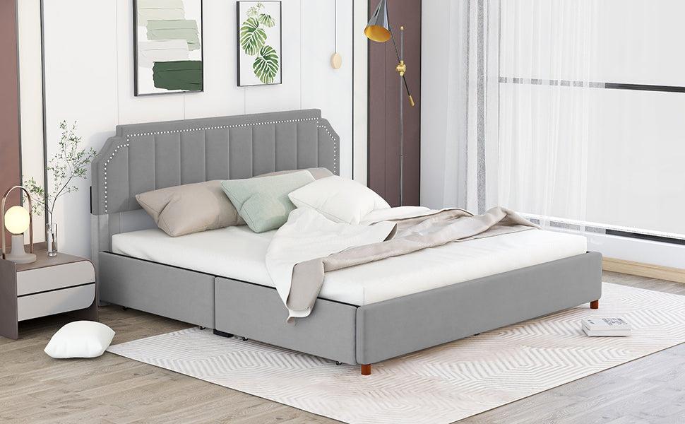 King Size Upholstery Platform Bed with FourStorage Drawers,Support Legs,Grey