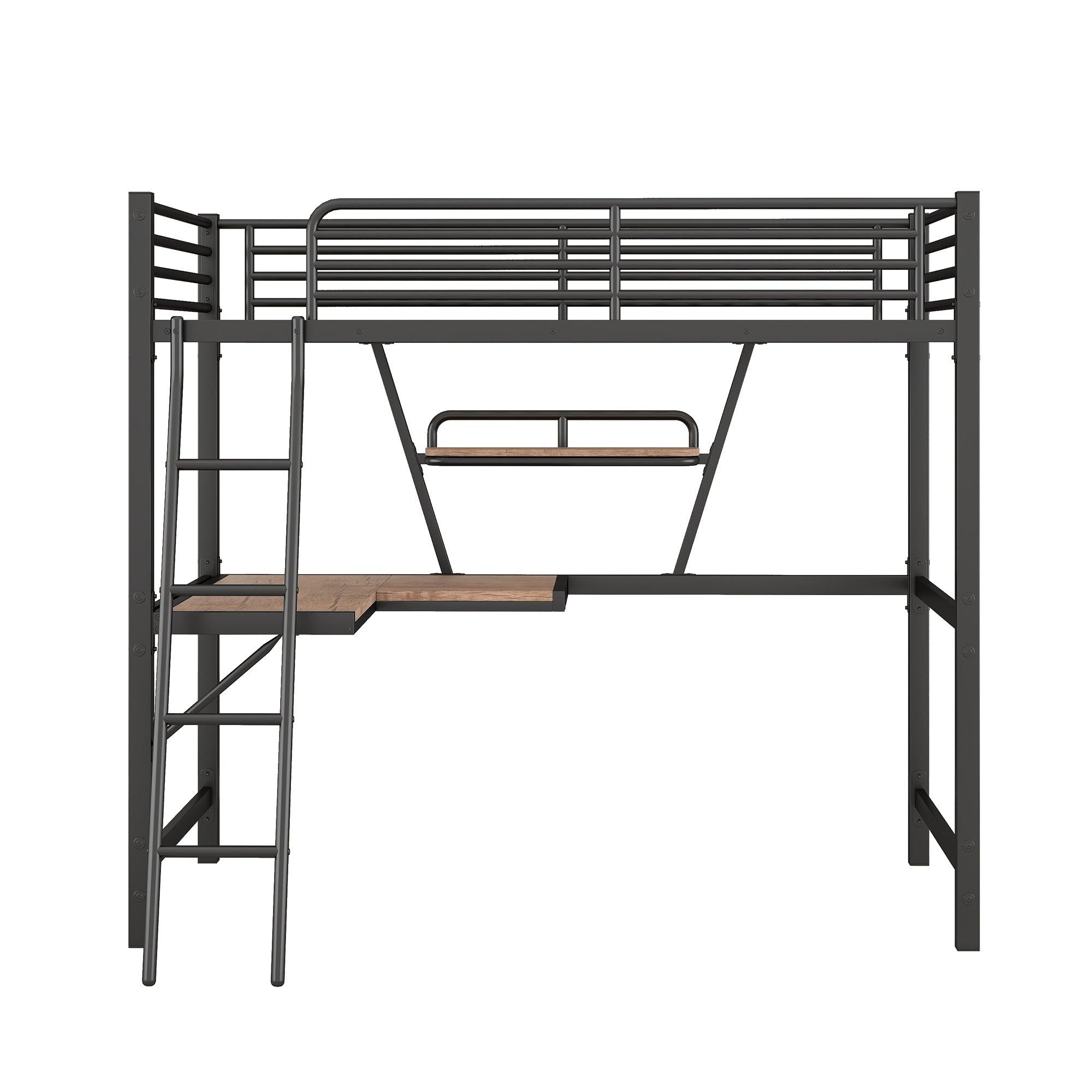 Twin Size Loft Metal&MDF Bed with Desk and Shelf, Black