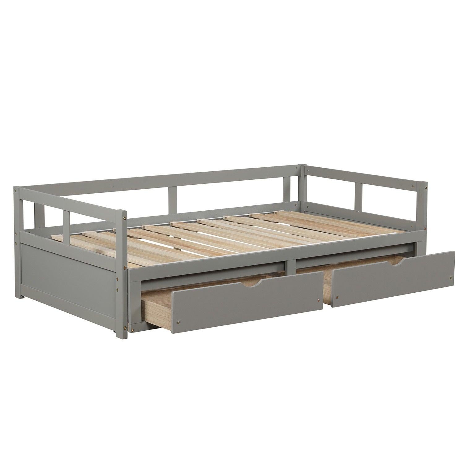 Wooden Daybed with Trundle Bed and TwoStorage Drawers , Extendable Bed Daybed,Sofa Bed for Bedroom Living Room, Gray