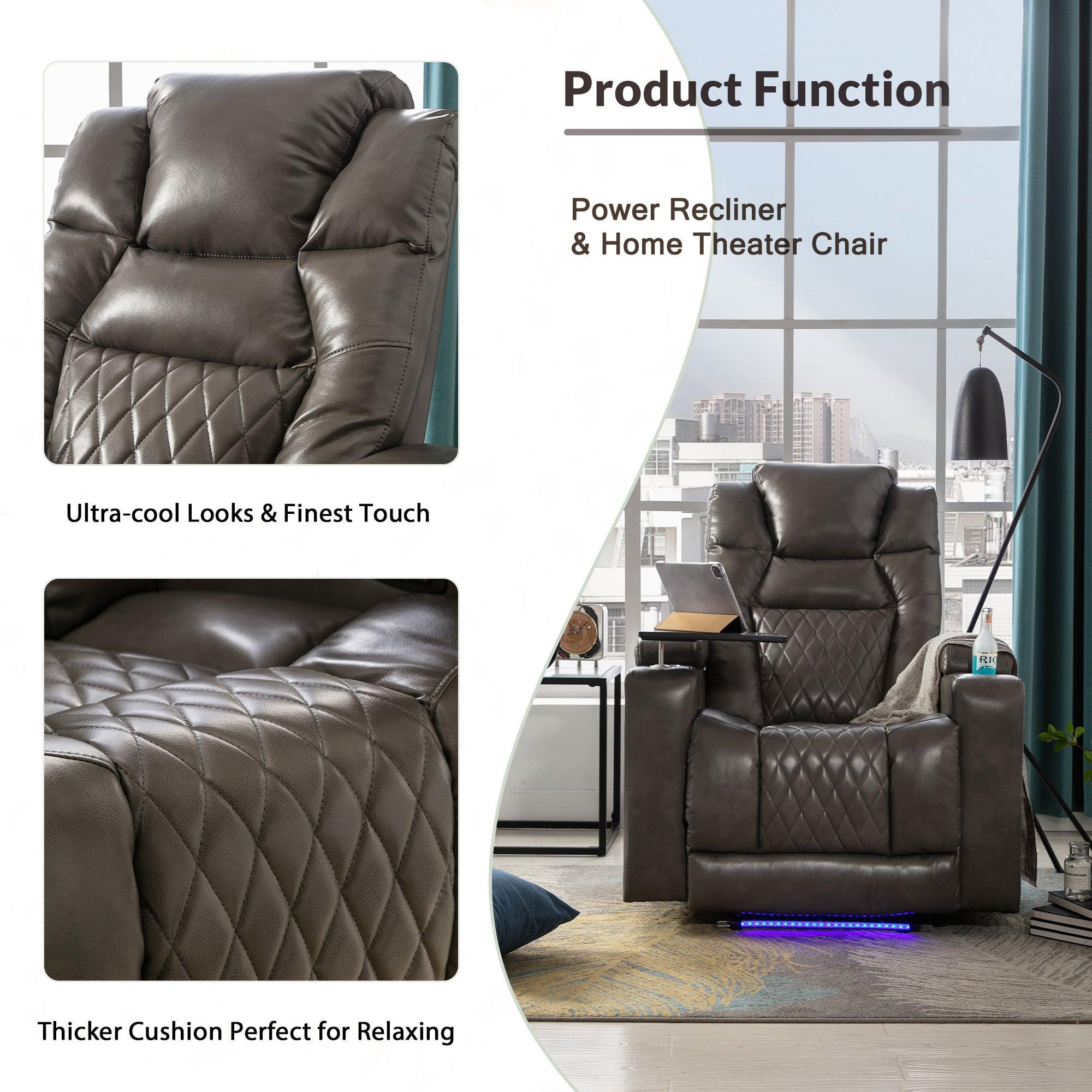 Power Motion Recliner with USB Charging Port and Hidden ArmStorage, Home Theater Seating with 2 Convenient Cup Holders Design and 360° Swivel Tray Table