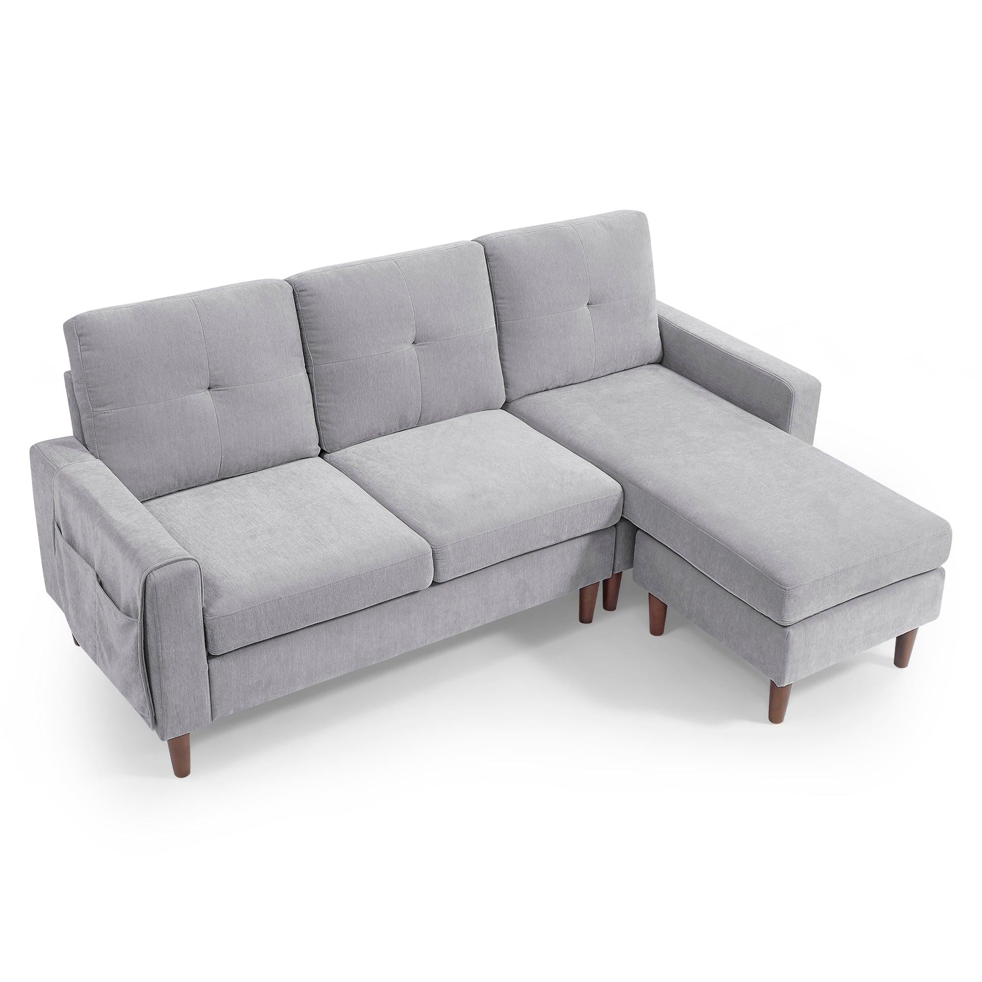 80” Convertible Sectional Sofa Couch, 3 Seats L-shape Sofa with Removable Cushions and Pocket, Rubber Wood Legs, Light Grey Chenille