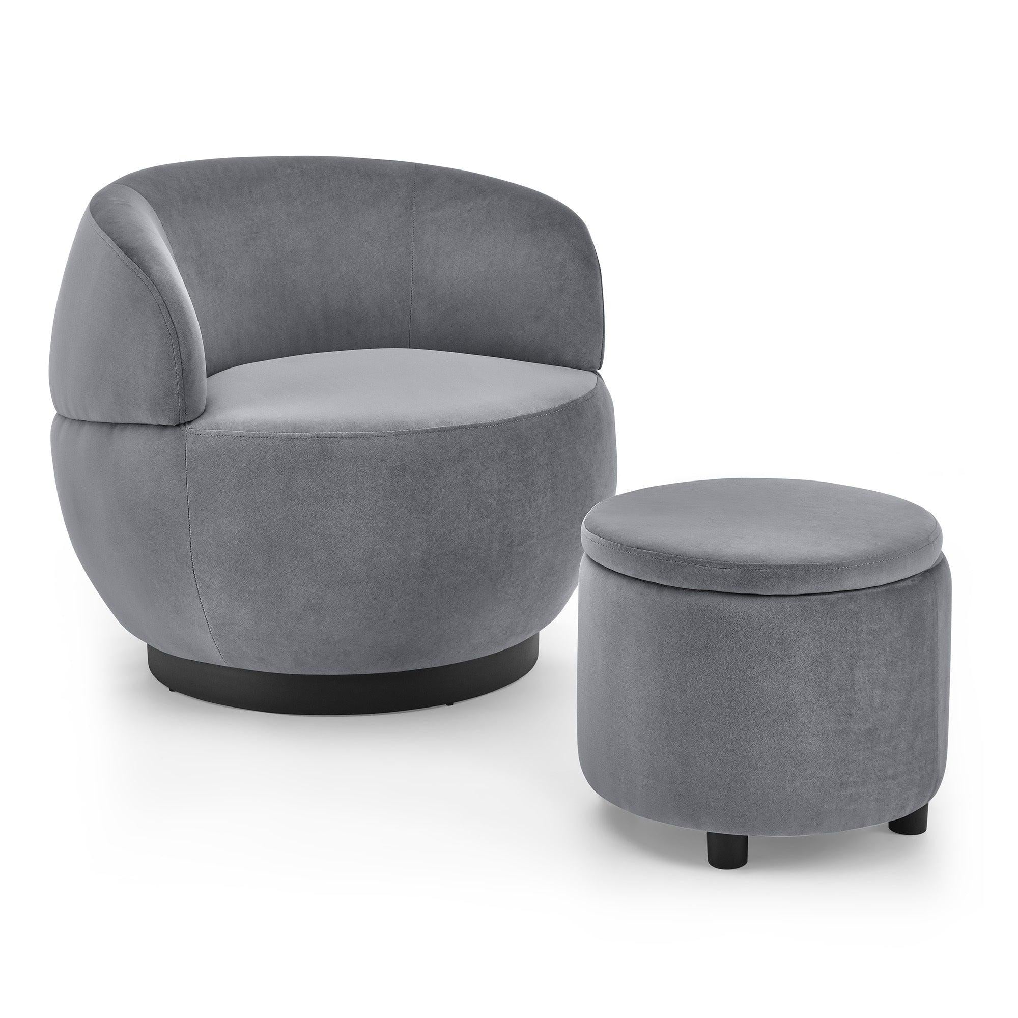 Swviel Barrel Chair with Black Stainless Steel Base, withStorage Ottoman, Velvet, Grey