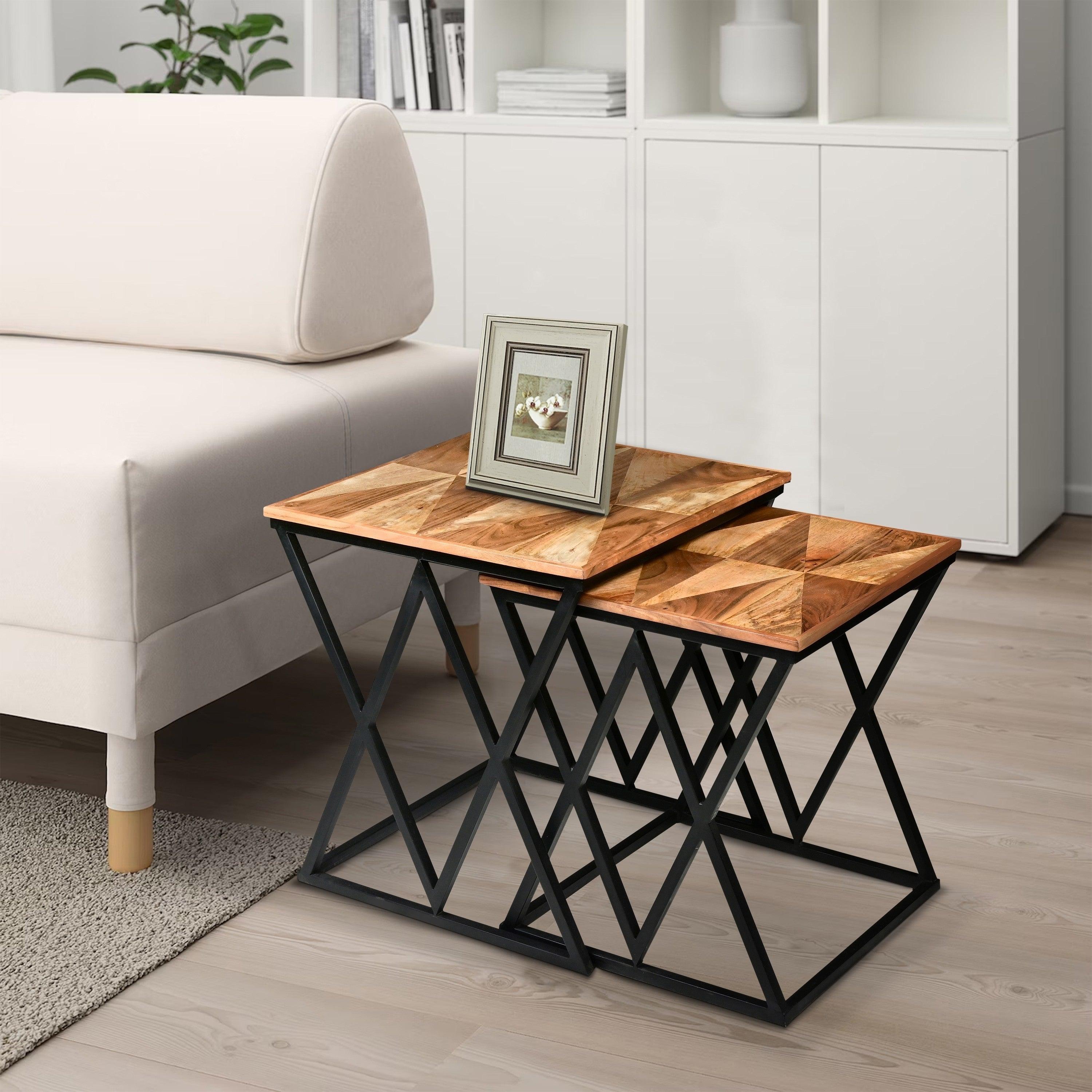 Madeline 25, 23 Inch Square 2 Piece Nesting End Table Set, Wood Top, Iron Frame, Brown and Black