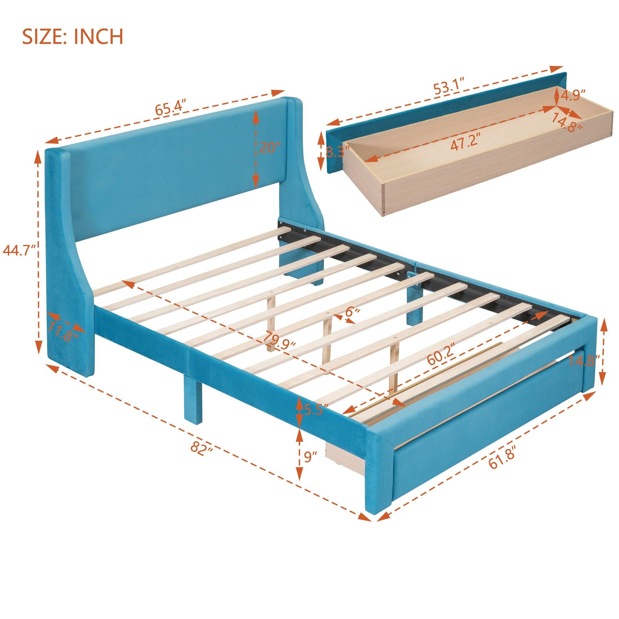 Queen SizeStorage Bed Velvet Upholstered Platform Bed with a Big Drawer - Blue