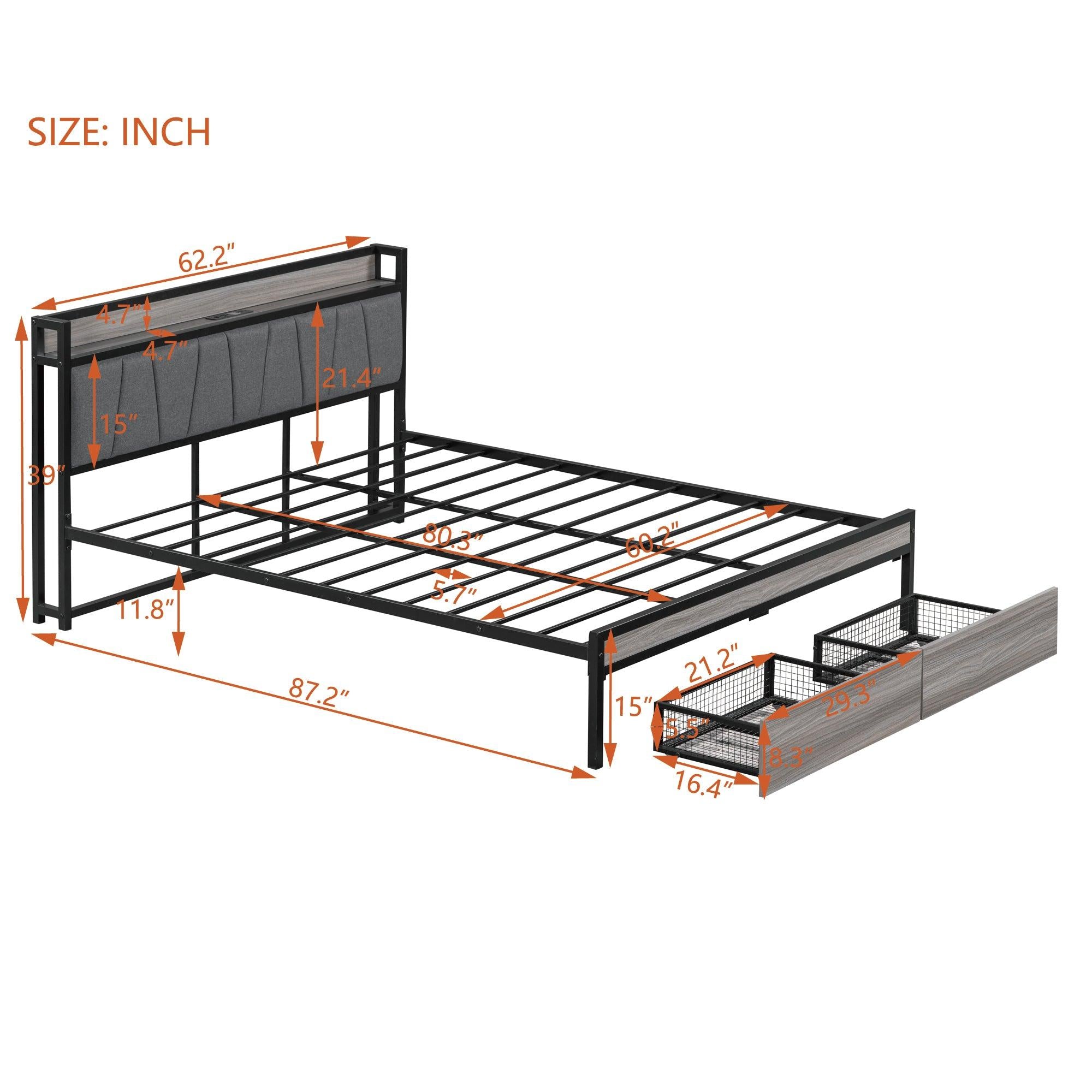 Queen Size Metal Platform Bed Frame with 2 drawers, Upholstered headboard ，Sockets, USB Ports and Slat Support ,No Box Spring Needed，Black