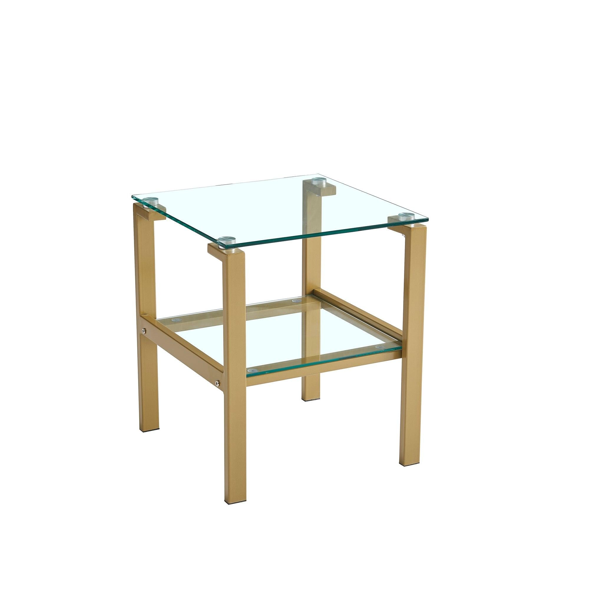 2-Piece Gold+Clear Glass Side & End Table withStorage Shelve, Night Stand/Sofa Table Bedroom Corner Table