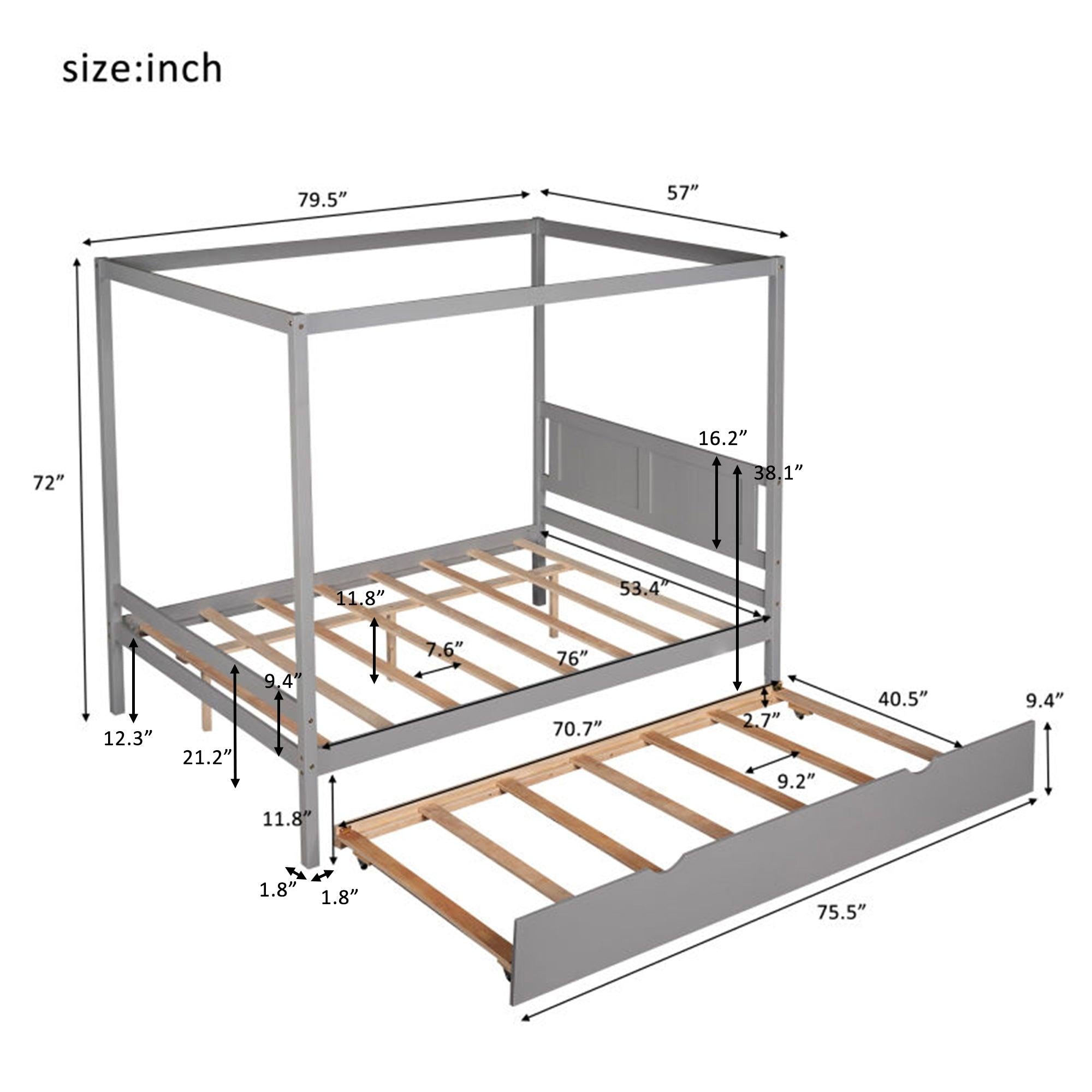 Full Size Canopy Platform Bed with Trundle,With Slat Support Leg,Gray