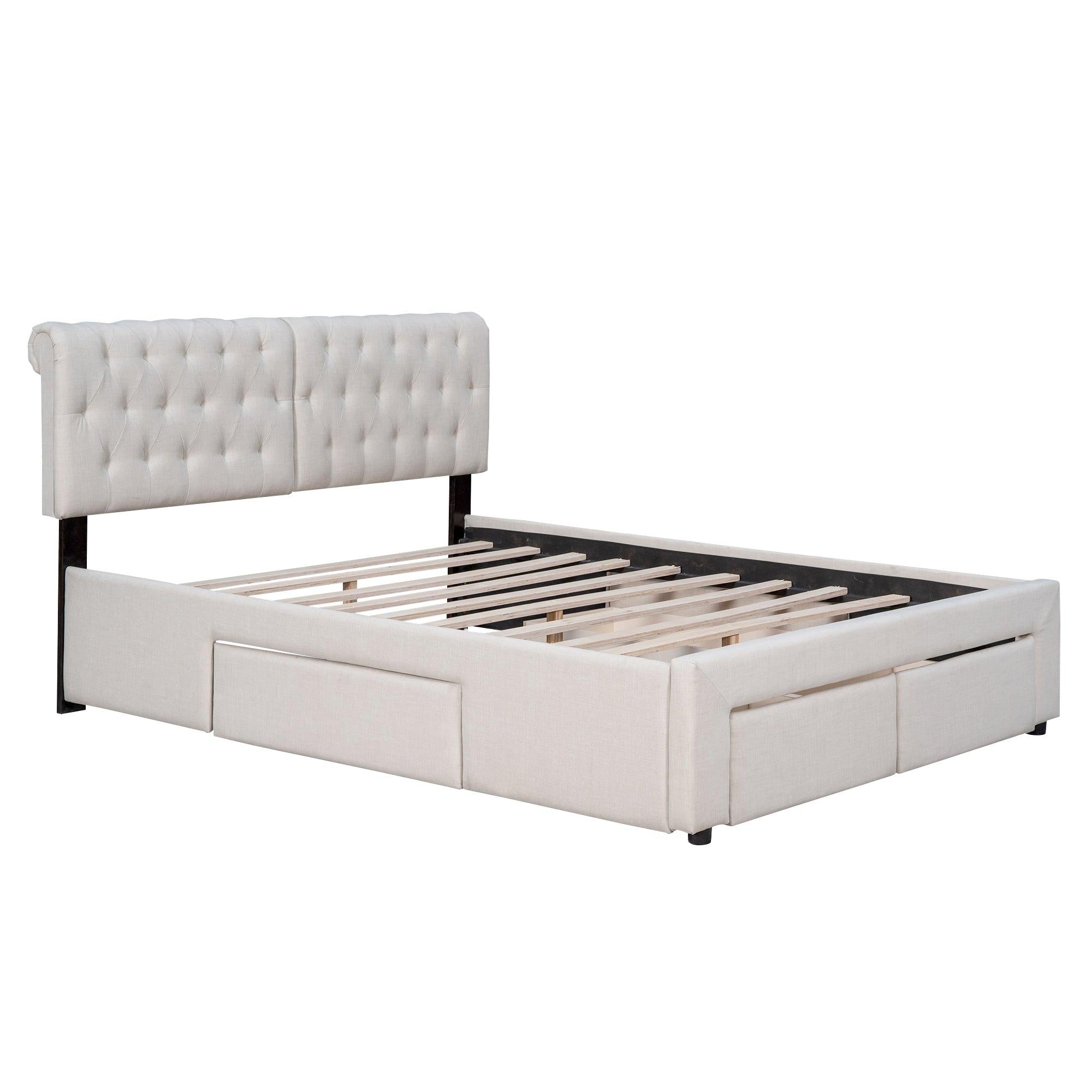 Queen Size Upholstery Platform Bed with Four Drawers,Beige