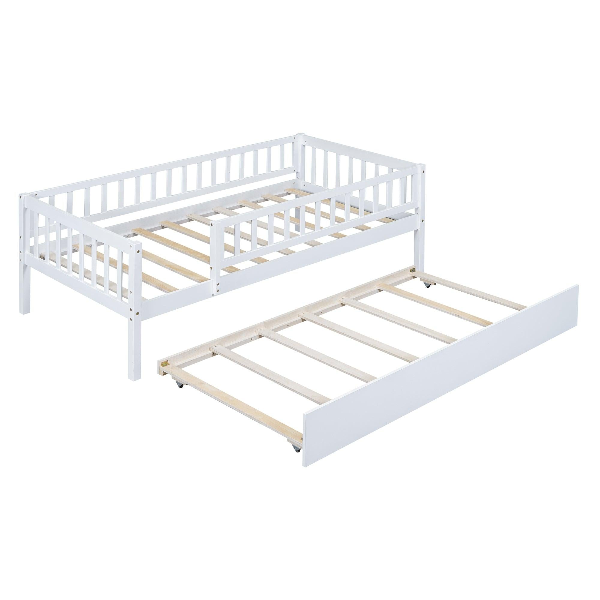 Twin Size Wood Daybed with Trundle and Fence Guardrails, White