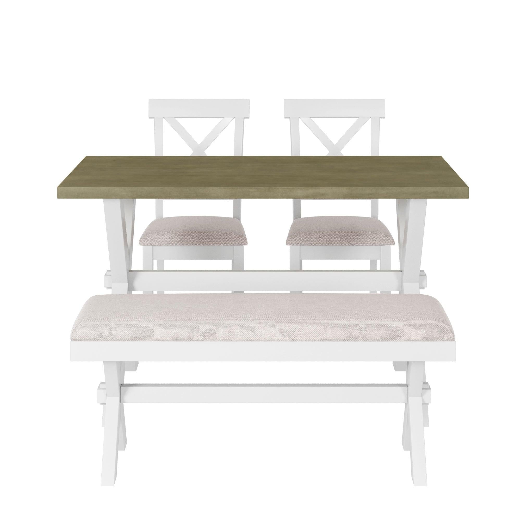 4 Pieces Farmhouse Rustic Wood Kitchen Dining Table Set with Upholstered 2 X-back Chairs and Bench,Gray Green+White+Beige