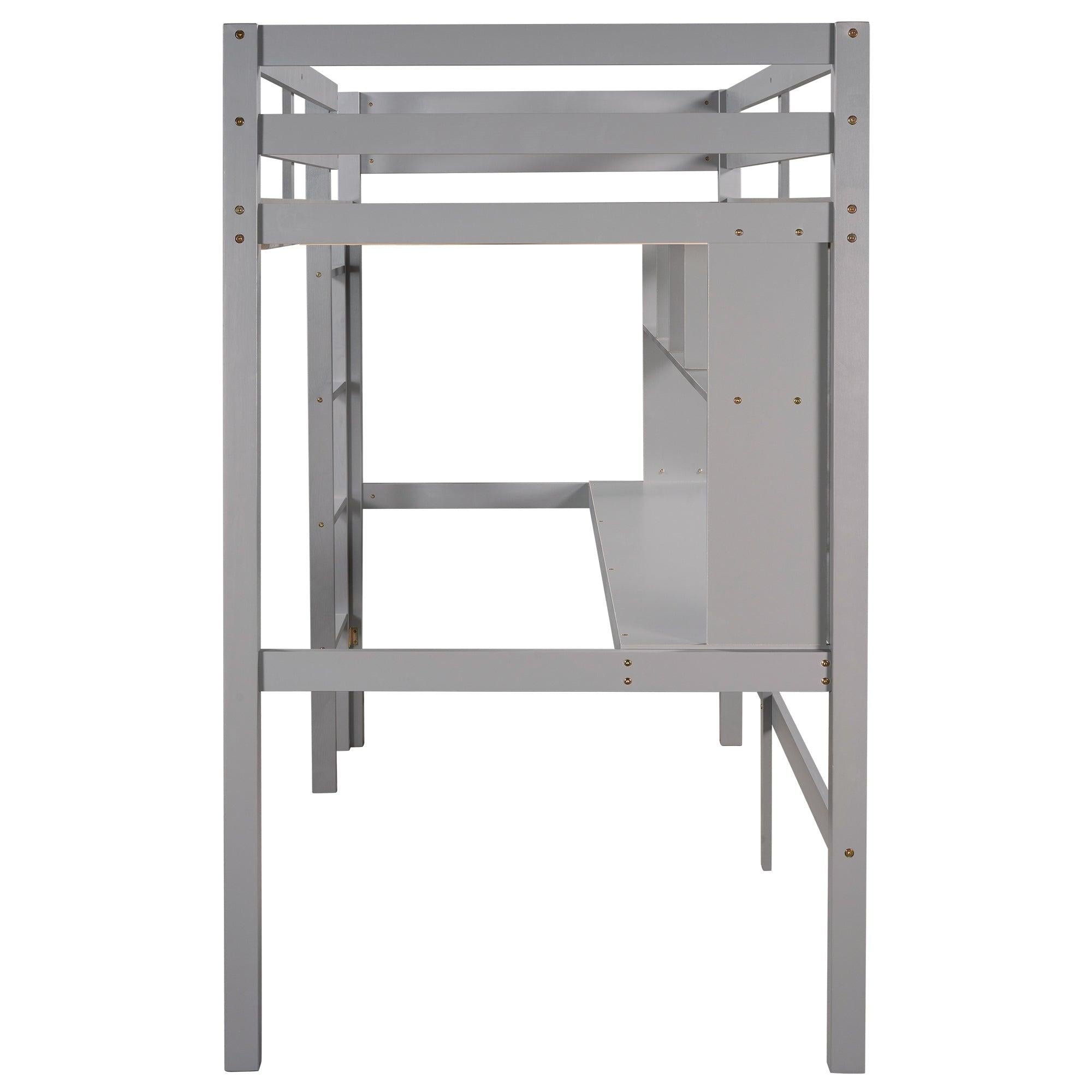 Twin Size Loft Bed with Convenient Desk, Shelves, and Ladder, White